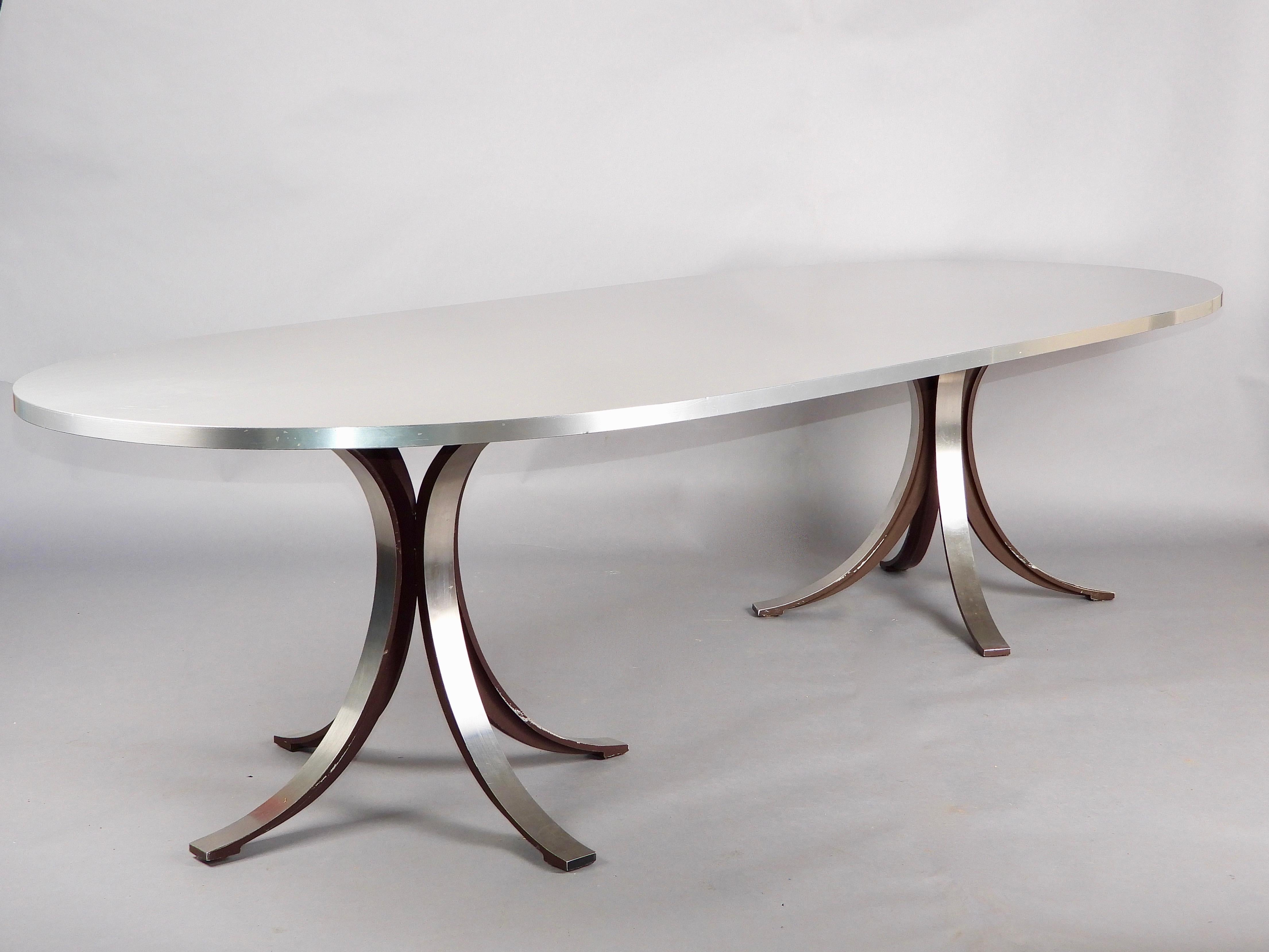 Grande table de salle à manger en acier inoxydable Tecno en vente 2