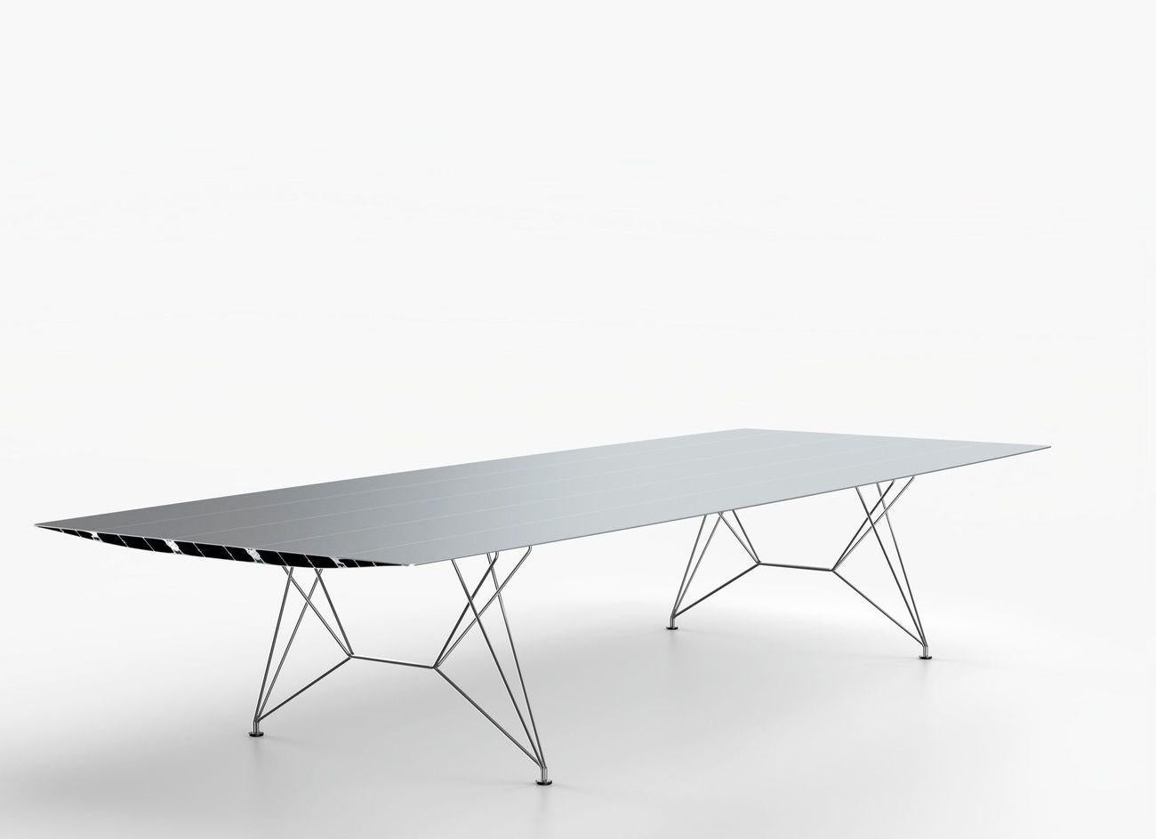Big stainless steel table B by Konstantin Grcic
Dimensions: D 150 x W 300 x H 74 cm 
Materials: Tabletop in extrusioned aluminium with open ends cut at 45º. There is the option of the surface being laminated in a natural oak effect with a