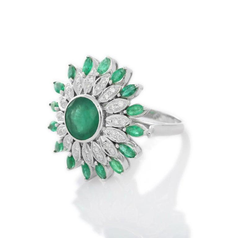 For Sale:  Big Statement Emerald Diamond Flower Cocktail Ring for Mom in 18k White Gold 11