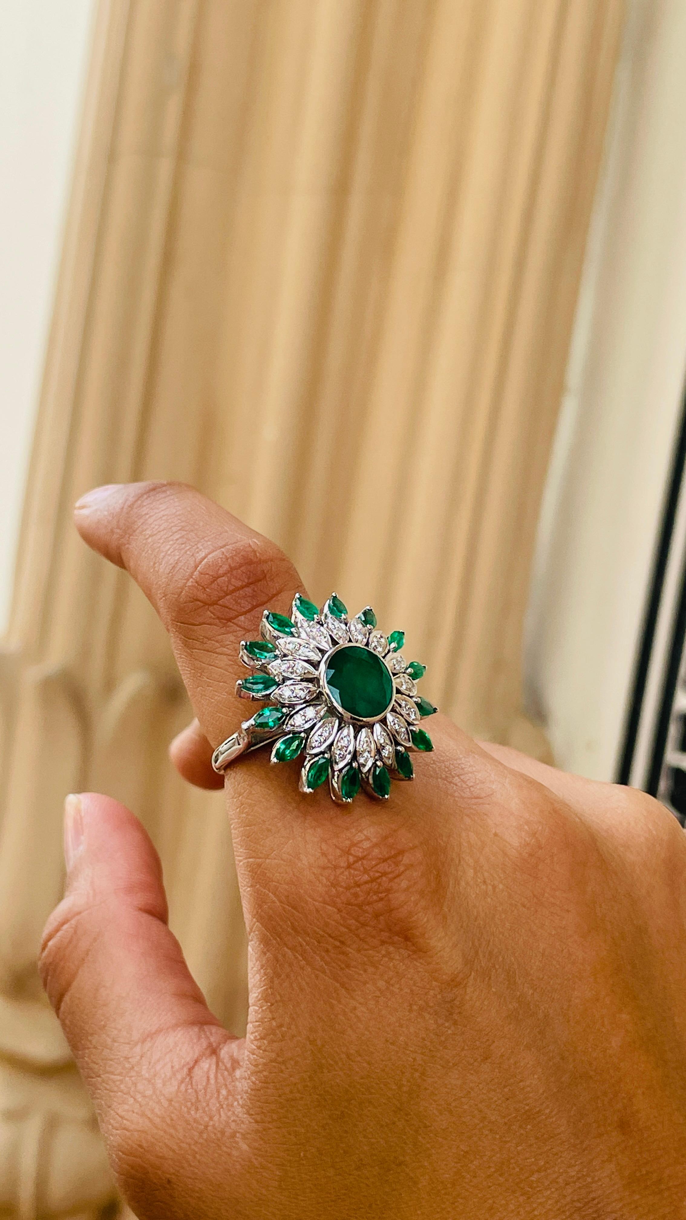 For Sale:  Big Statement Emerald Diamond Flower Cocktail Ring for Mom in 18k White Gold 2