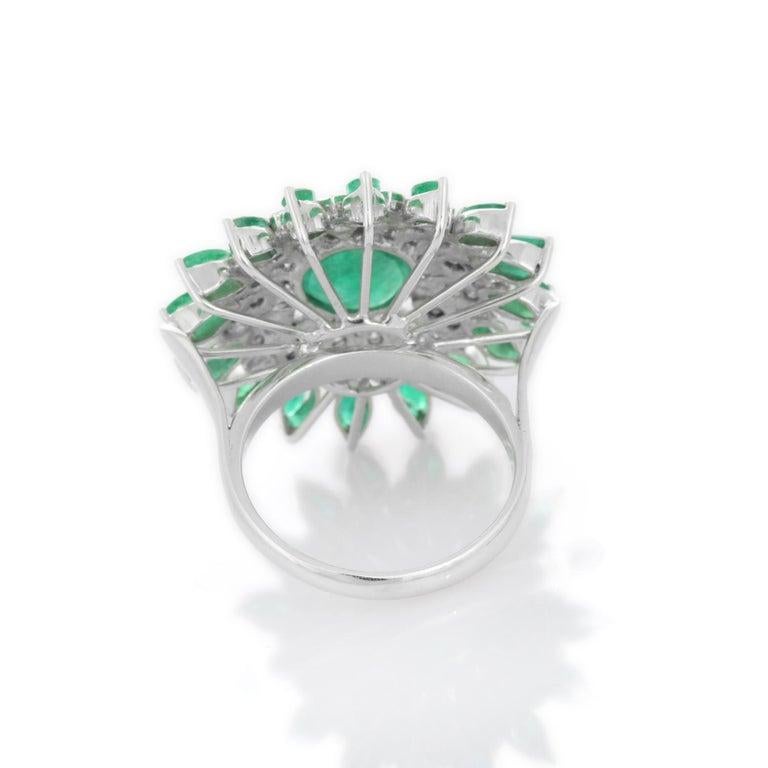 For Sale:  Big Statement Emerald Diamond Flower Cocktail Ring for Mom in 18k White Gold 4