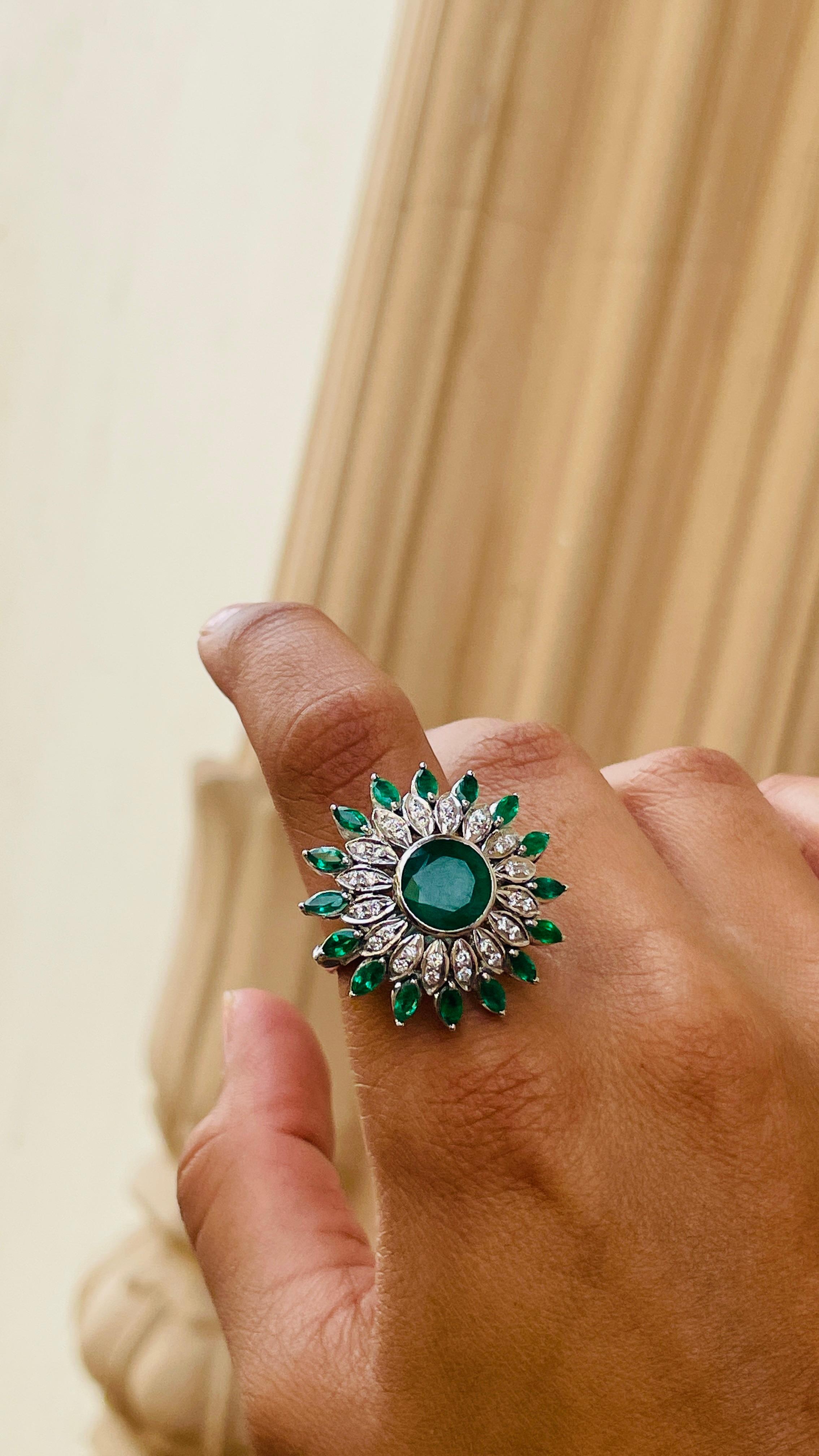 For Sale:  Big Statement Emerald Diamond Flower Cocktail Ring for Mom in 18k White Gold 6