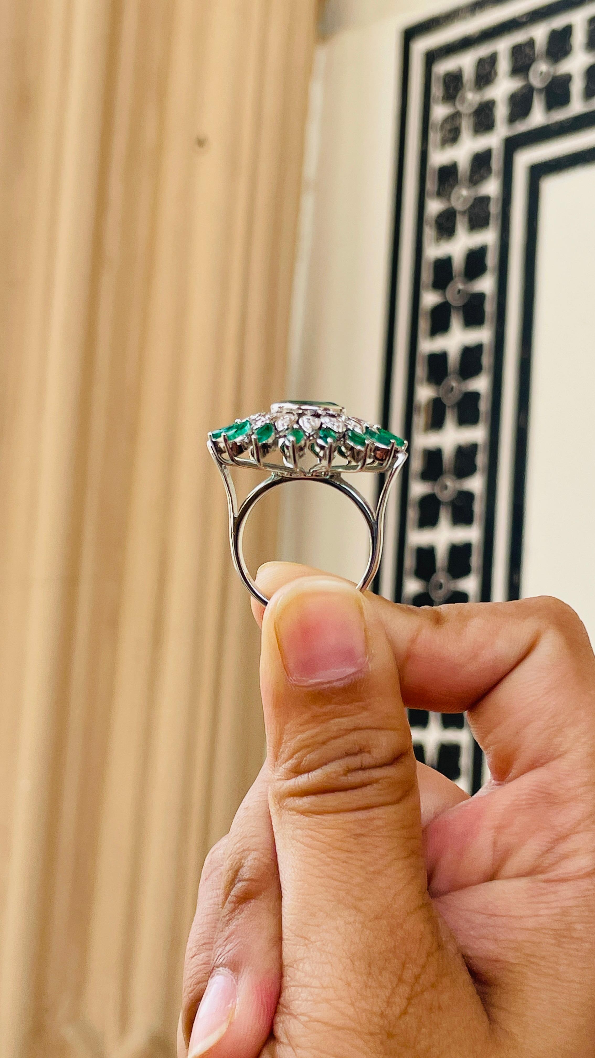 For Sale:  Big Statement Emerald Diamond Flower Cocktail Ring for Mom in 18k White Gold 8