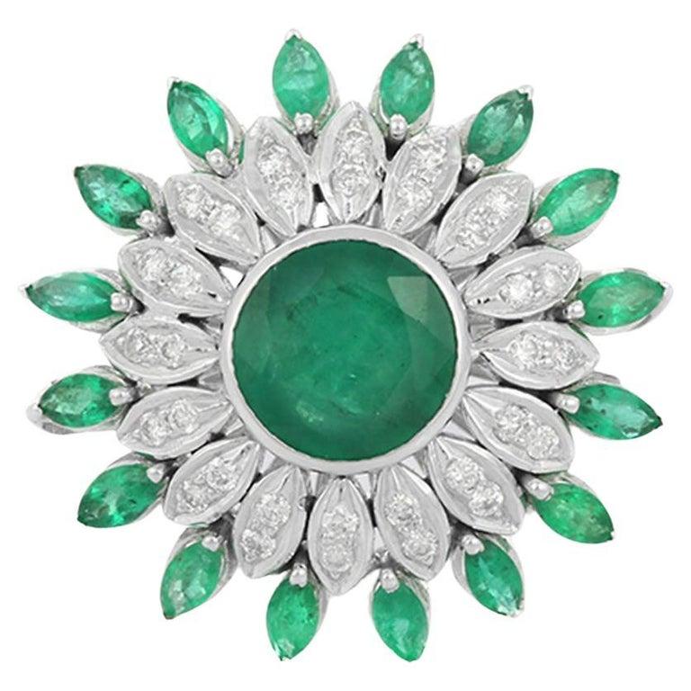 For Sale:  Big Statement Emerald Diamond Flower Cocktail Ring for Mom in 18k White Gold 9
