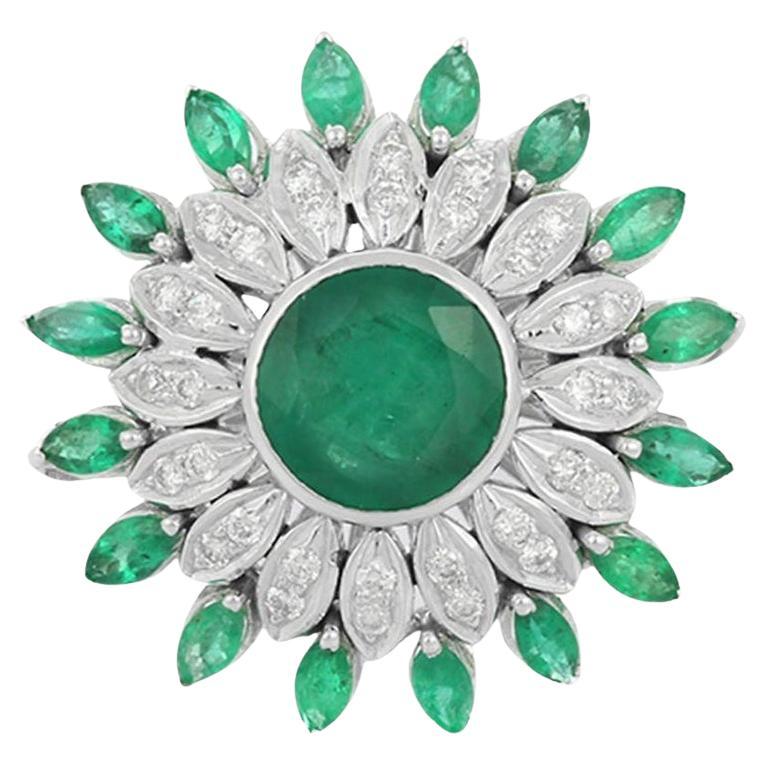 Big Statement Emerald Diamond Flower Cocktail Ring for Mom in 18k White Gold