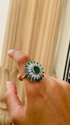 Big Statement Zambian Emerald & Diamond Flower Cocktail Ring in 18k White Gold