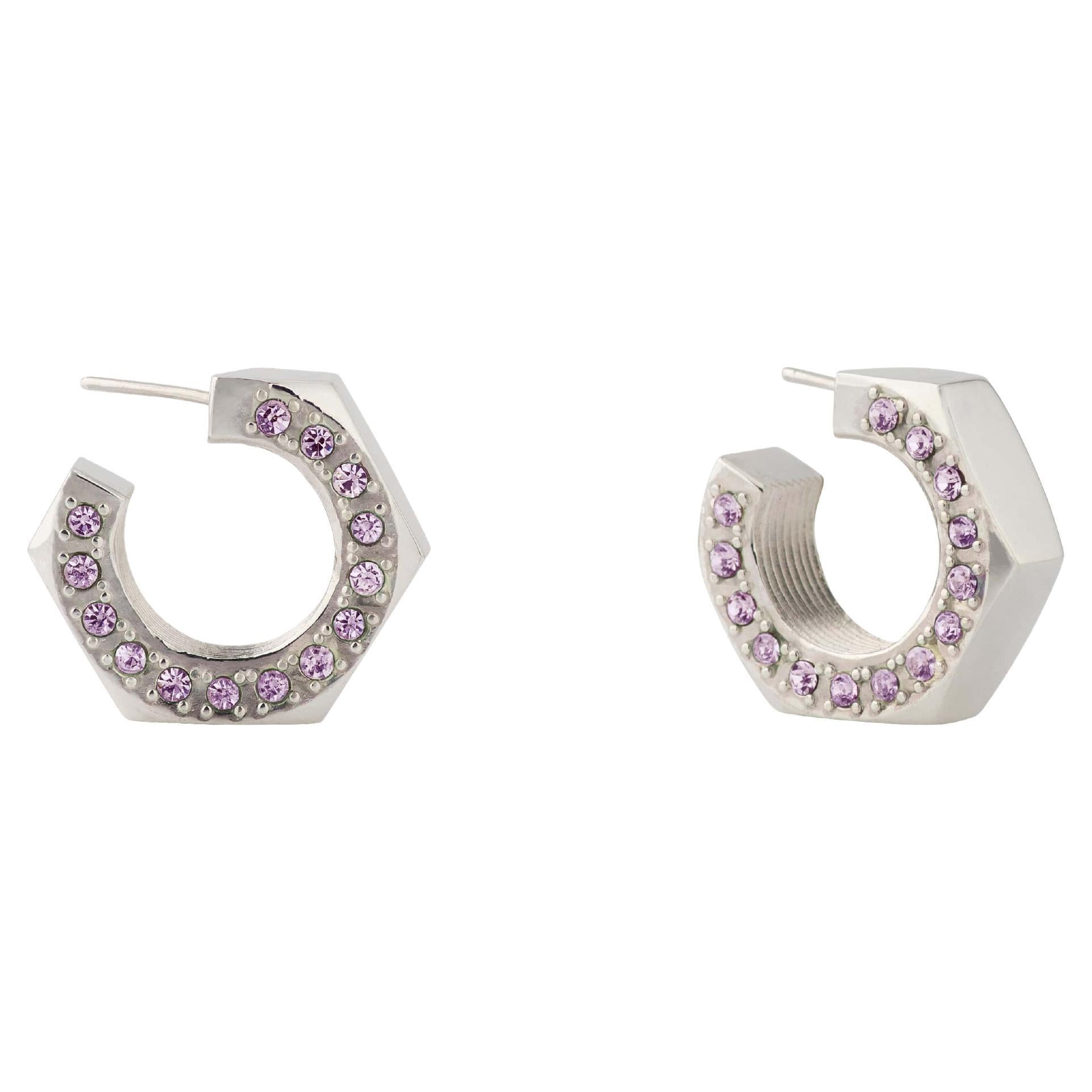 Big Sterling Silver Hoop Earrings with Natural Amethyst Stones on the Side For Sale
