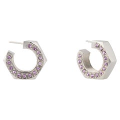 Big Sterling Silver Hoop Earrings with Natural Amethyst Stones on the Side