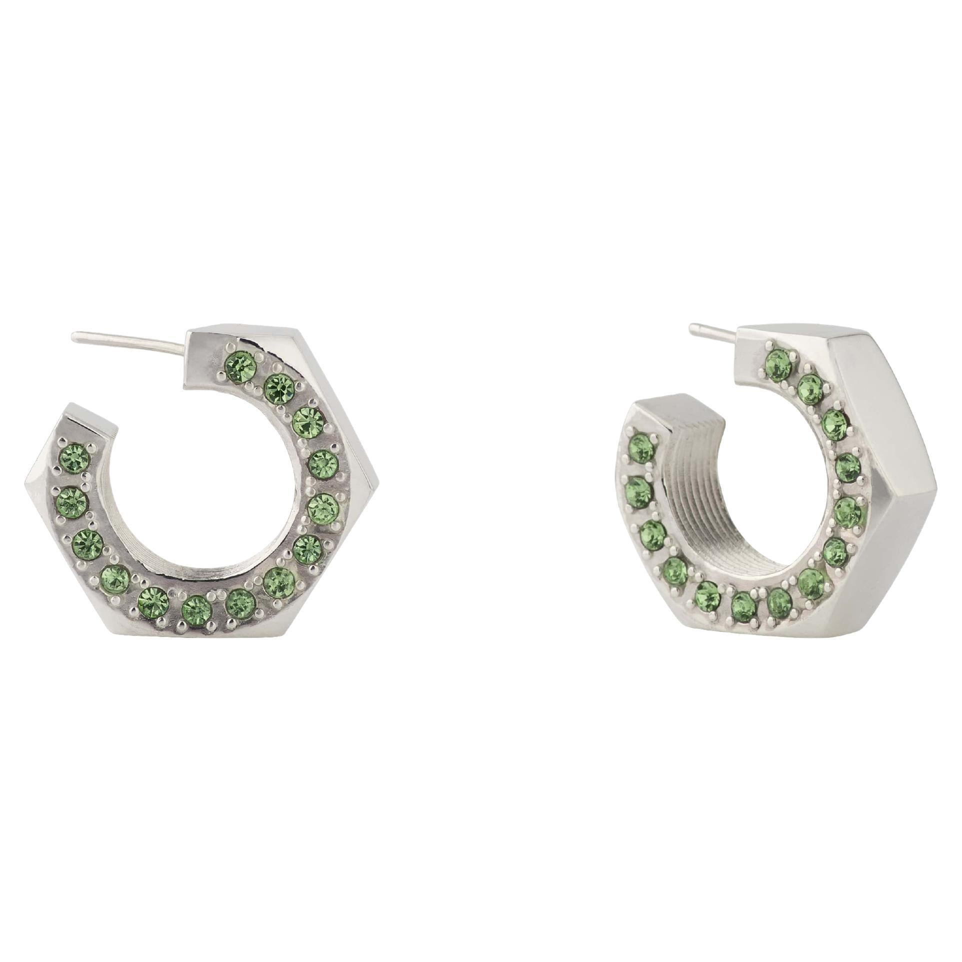Big Sterling Silver Hoop Earrings with Natural Peridot Stones on the Side For Sale