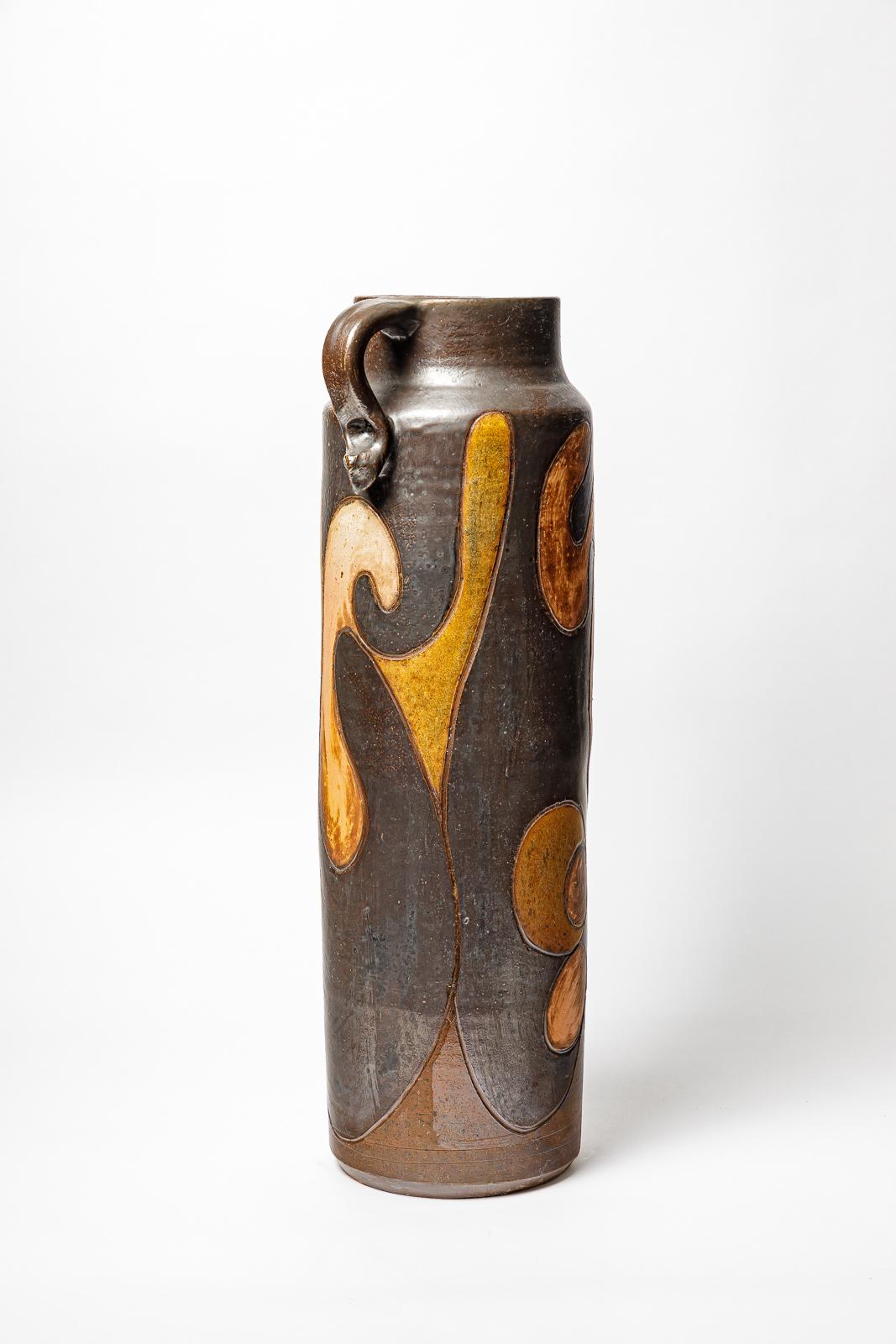 French Big stoneware pitcher by Georges Martin, circa 1970-1980. For Sale