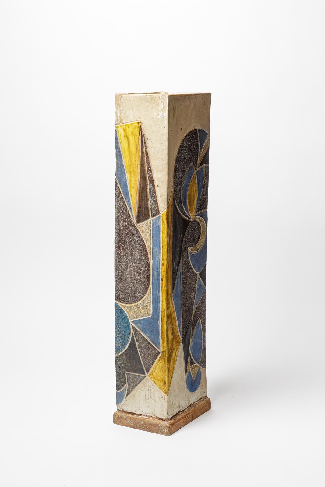 French Big stoneware vase with geometrical decoration by Georges Martin, 1970-1980. For Sale
