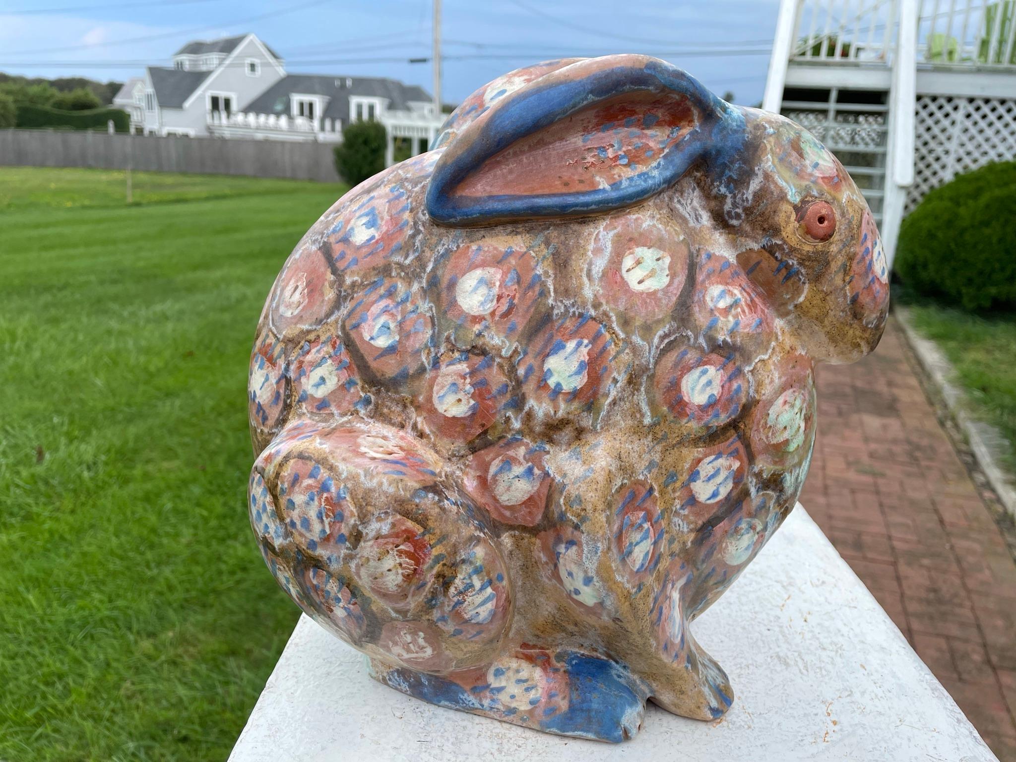 Ceramic Big Spotted Year of Rabbit Sculpture- Hand Painted Masterwork Eva Fritz-Lindner For Sale