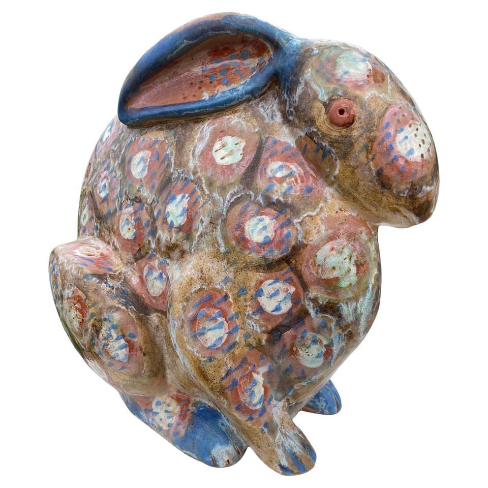 Pair of Large Painted Terracotta Rabbit Sculptures, 20th Century ...