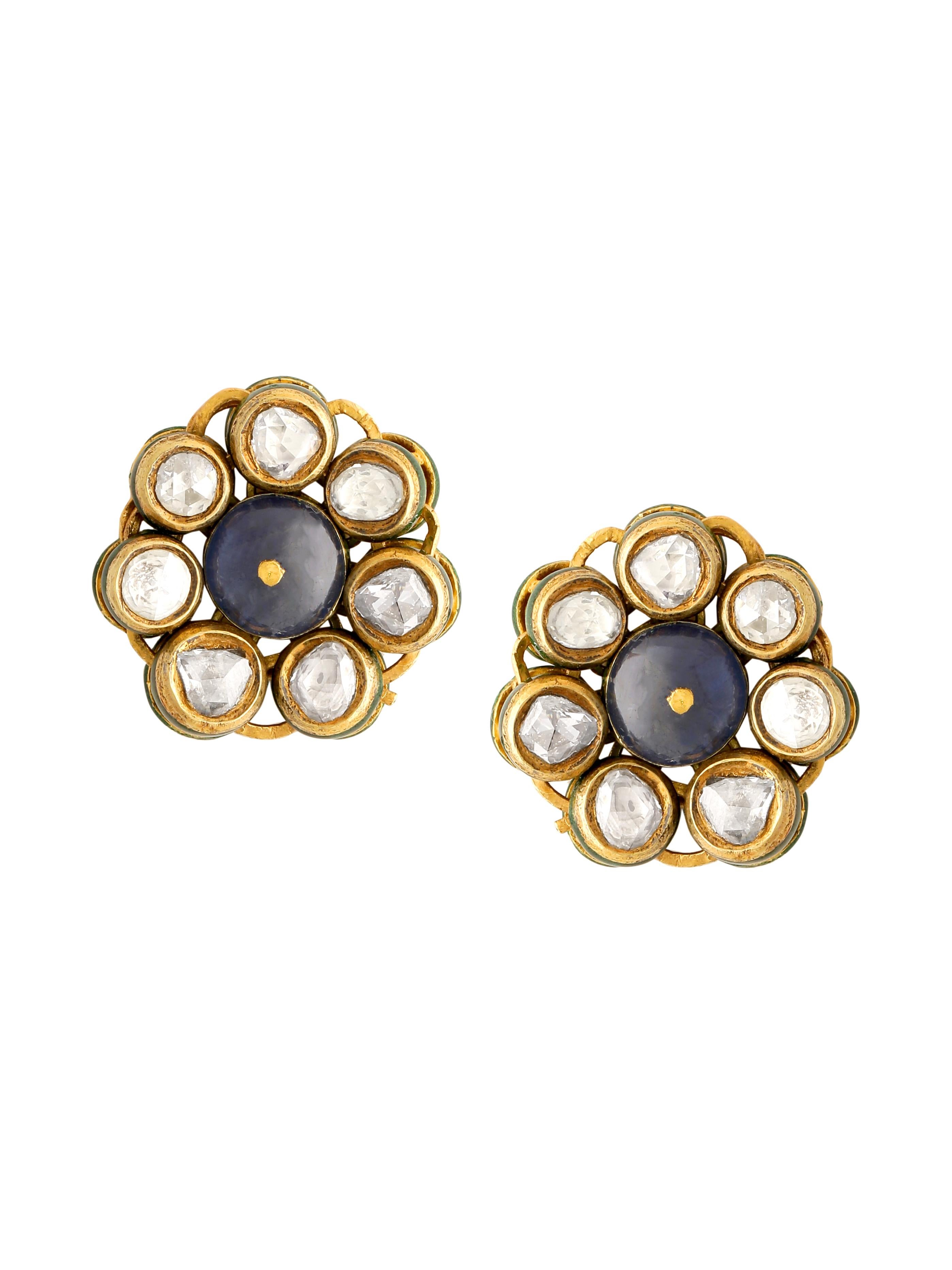 Art Deco Big Studs with BurmeseNatural Sapphires and Rosecut Diamonds Handcrafted in Gold For Sale