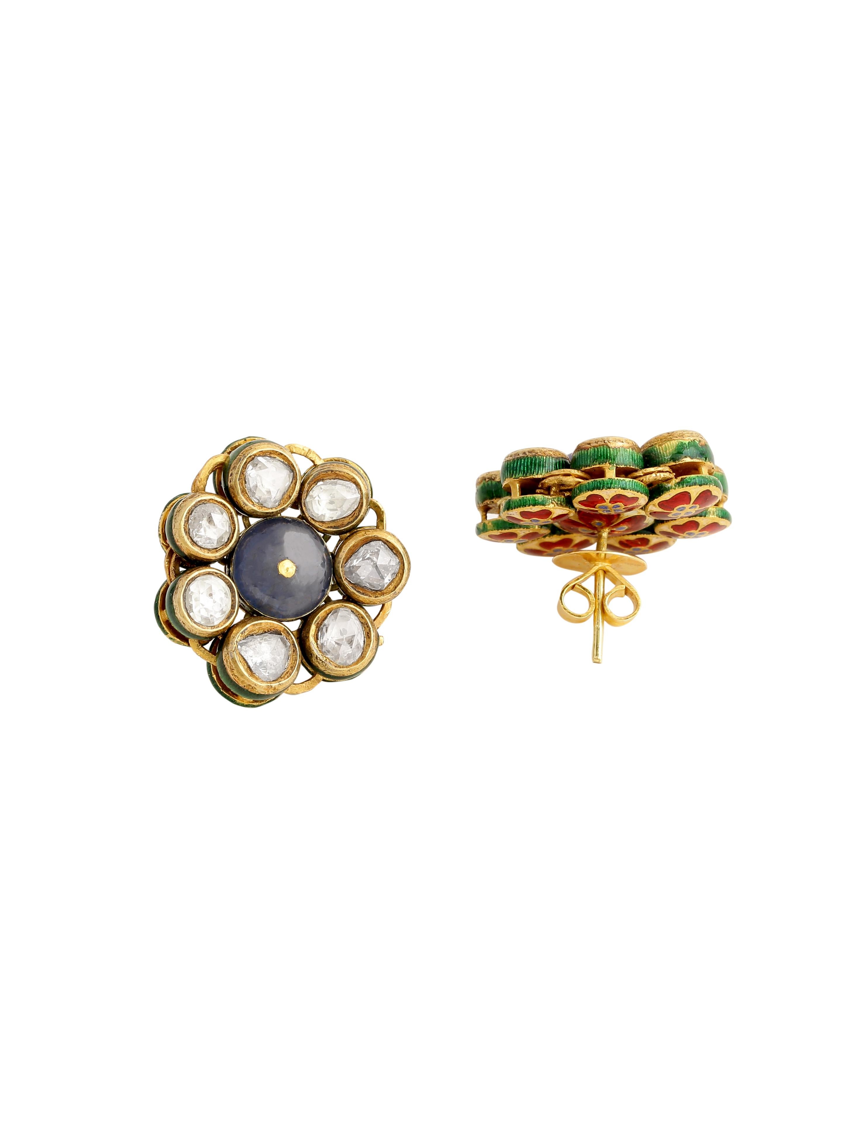 Bead Big Studs with BurmeseNatural Sapphires and Rosecut Diamonds Handcrafted in Gold For Sale