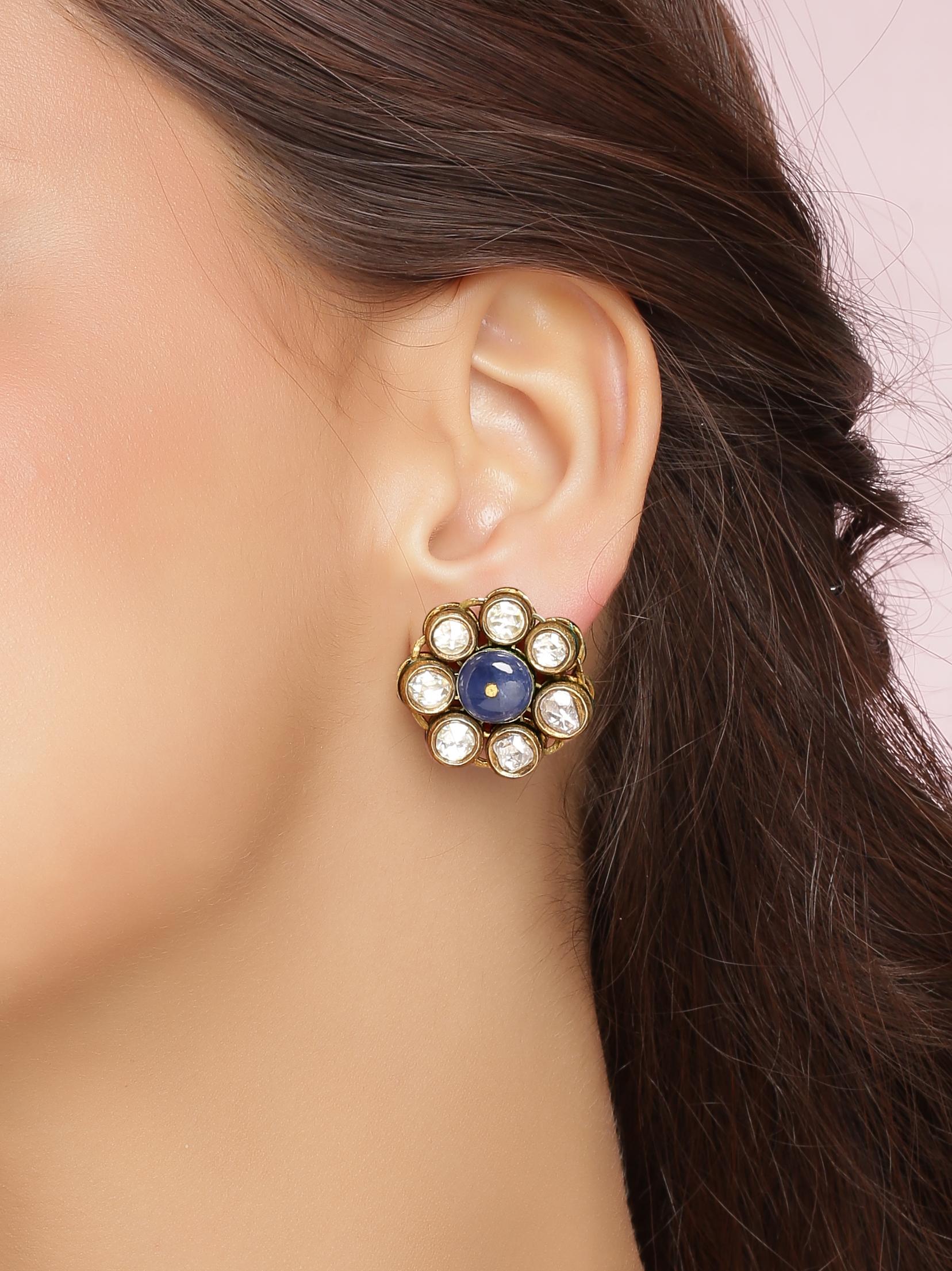 Women's Big Studs with BurmeseNatural Sapphires and Rosecut Diamonds Handcrafted in Gold For Sale