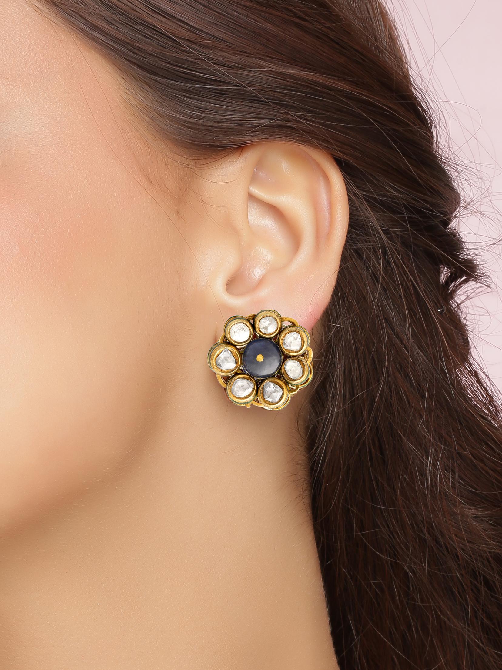 Big Studs with BurmeseNatural Sapphires and Rosecut Diamonds Handcrafted in Gold For Sale 1