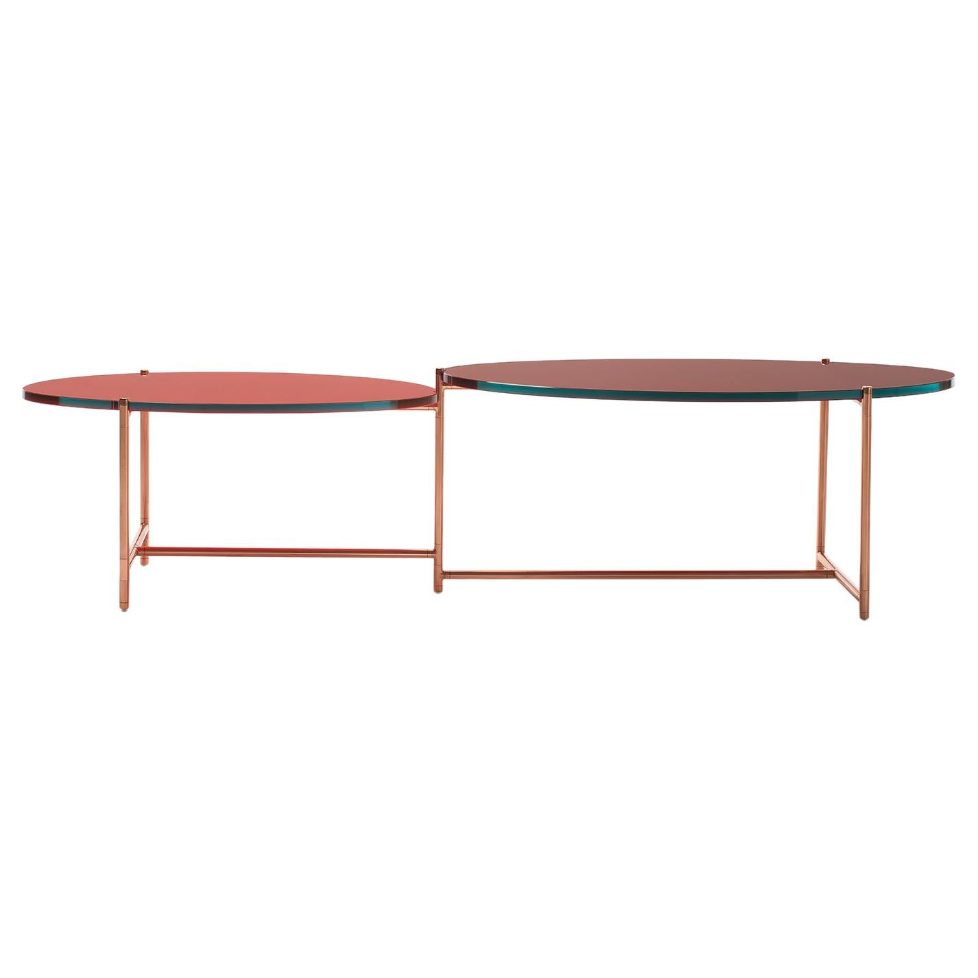 21st Century Modern Coffee Table With Rotating Glass Tops And Copper Base   For Sale