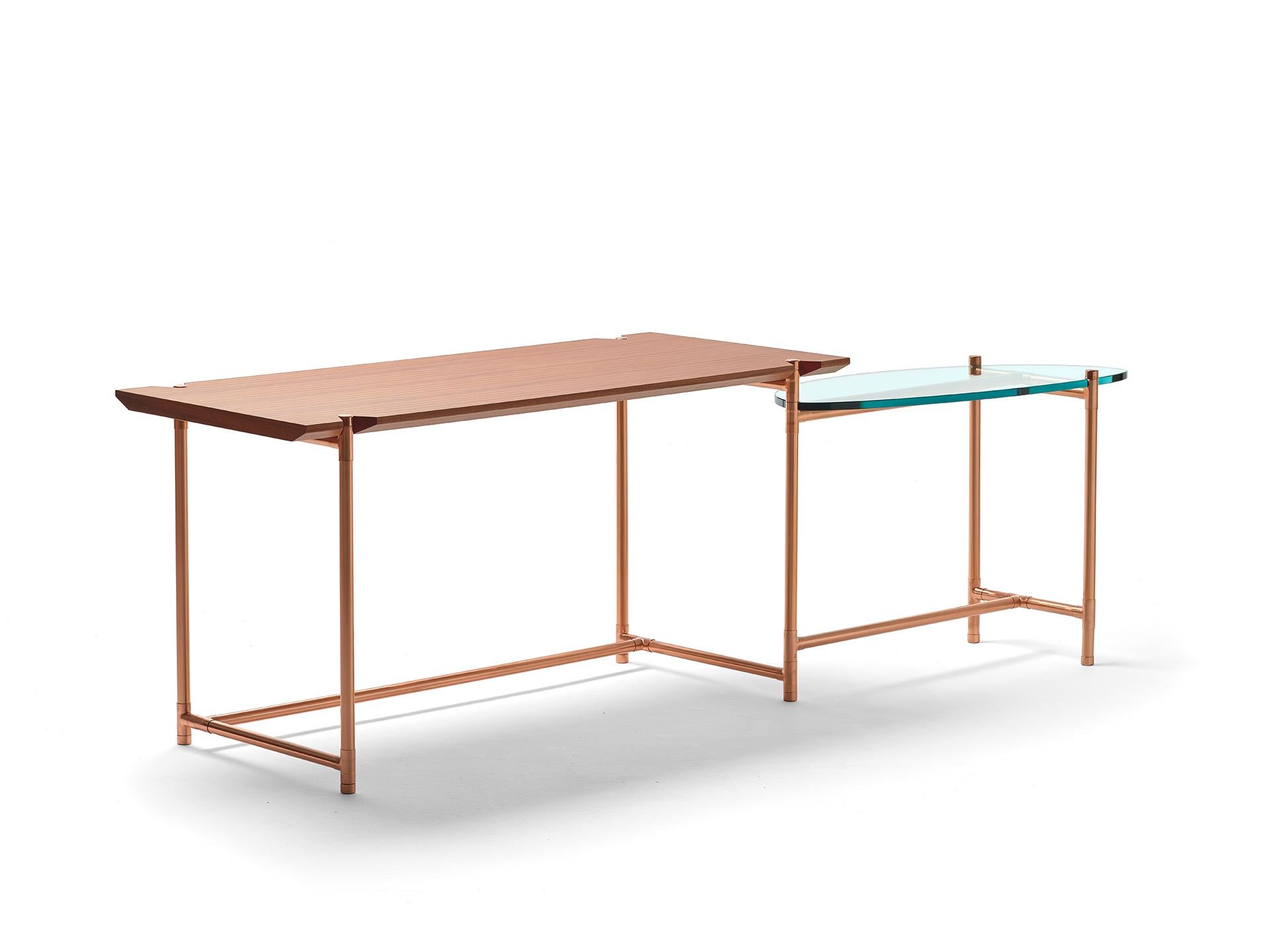 Italian 21st Century Modern Desk In Copper And Wood With Rotating Glass Extension For Sale