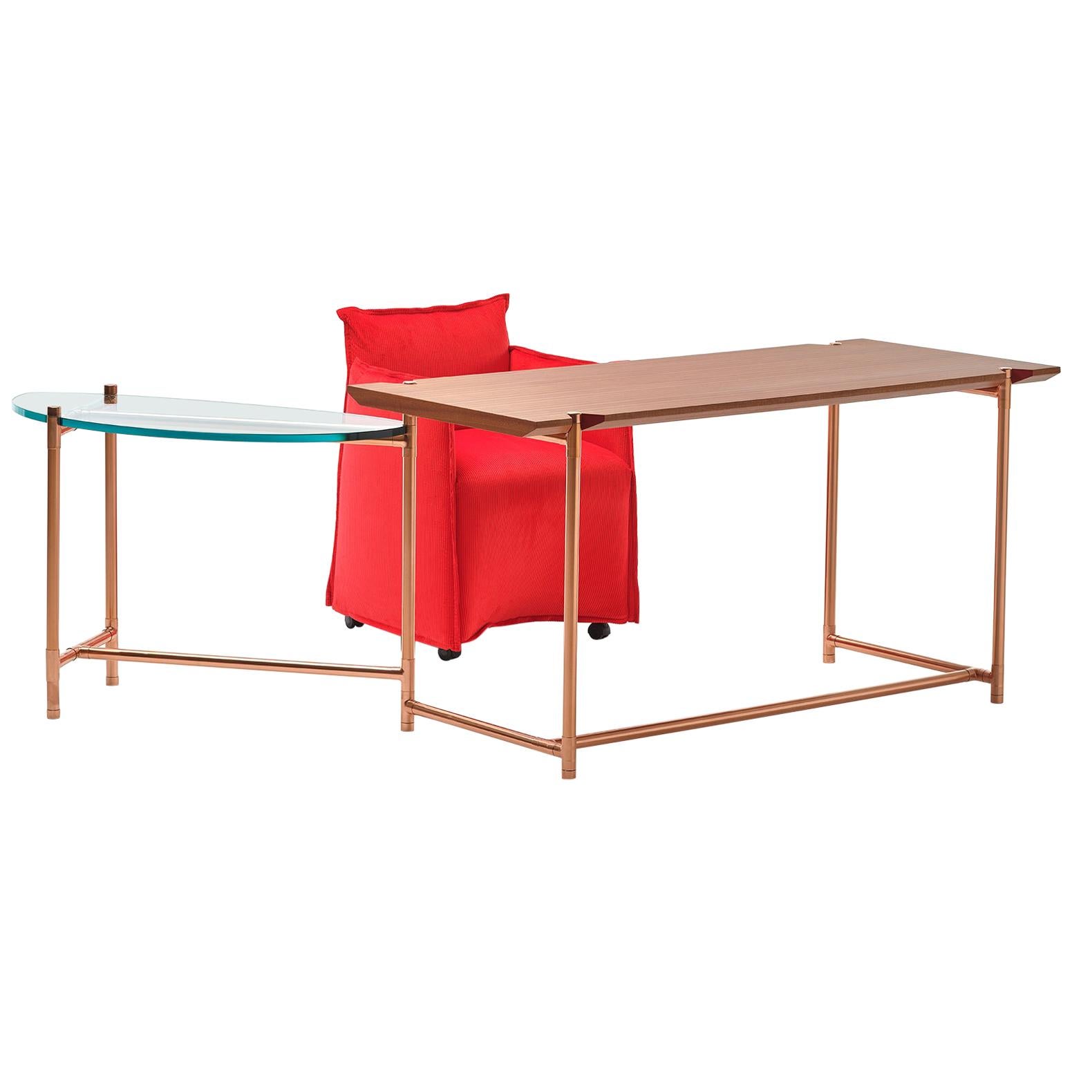 21st Century Modern Desk In Copper And Wood With Rotating Glass Extension For Sale