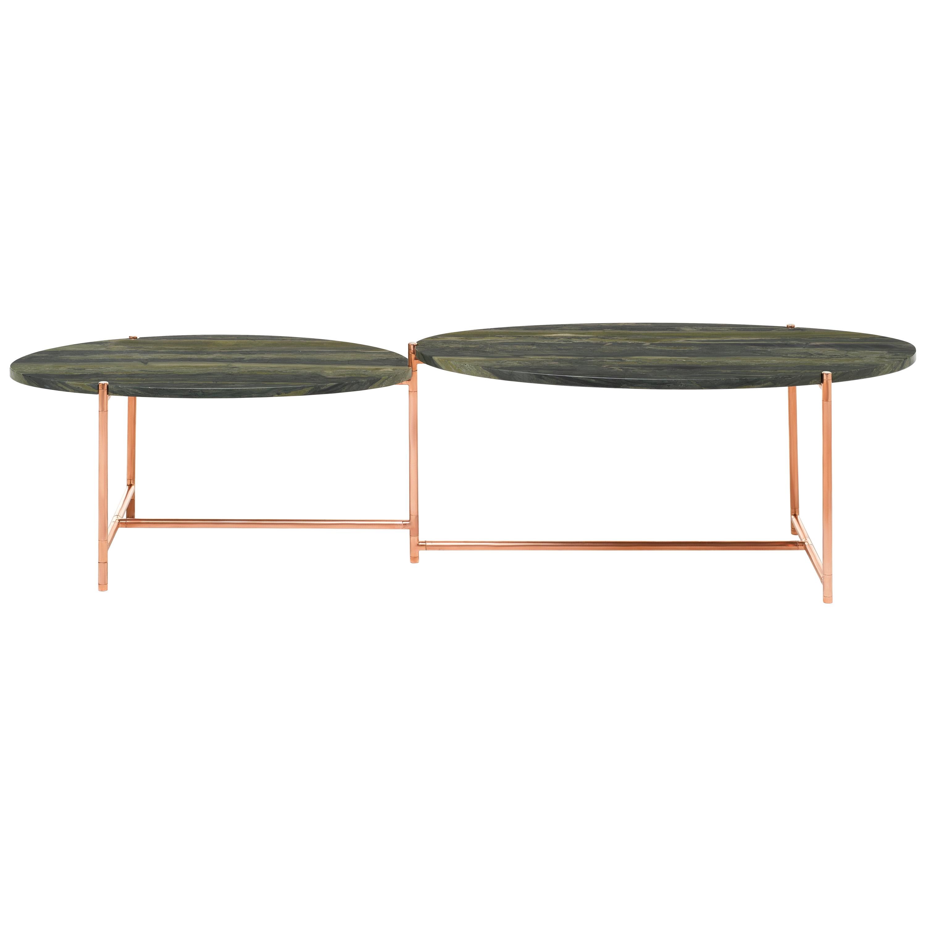 21st Century Modern Coffee Table With Rotating Marble Tops And Copper Base For Sale