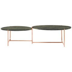 21st Century Modern Coffee Table With Rotating Marble Tops And Copper Base