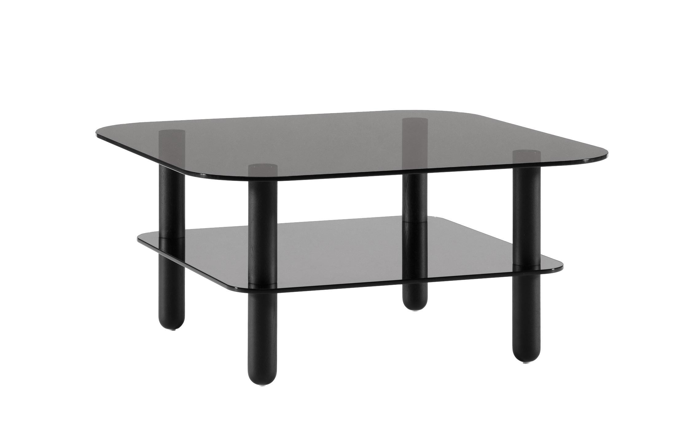 Big Sur Sofa Table High by Fogia
Designers: Simon Klenell & Kristoffer Sundin

Width: 95 cm  37 in
Depth: 95 cm  37 in
Height: 45 cm  18 in

Top glass : Top: 95 x 95 cm
Second glass : Shelf: 76 x 76 cm

In picture: Anthracite glass and black oak