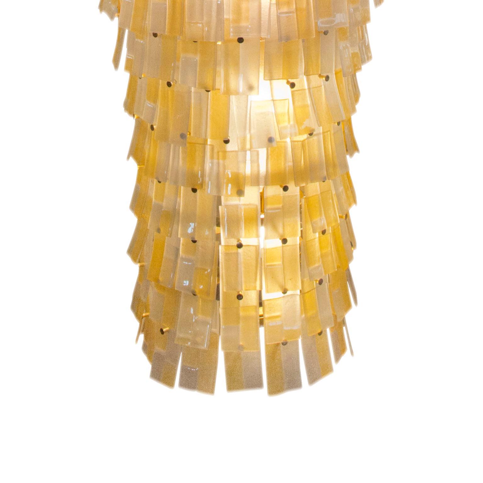 Italian Big Suspension Lamp Amber Murano Glass Listels, Gold Fixture by Multiforme For Sale
