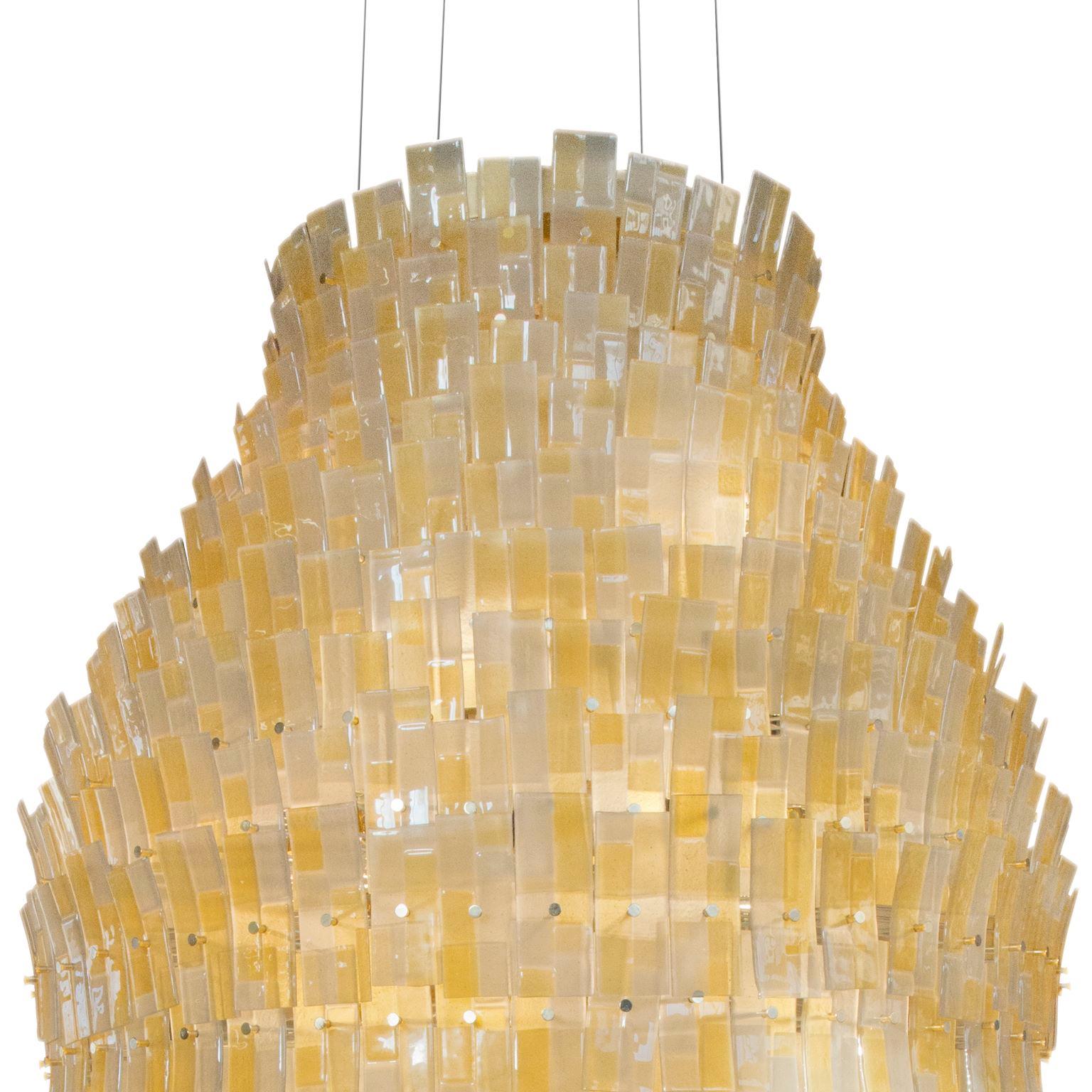 Big Suspension Lamp Amber Murano Glass Listels, Gold Fixture by Multiforme For Sale 1