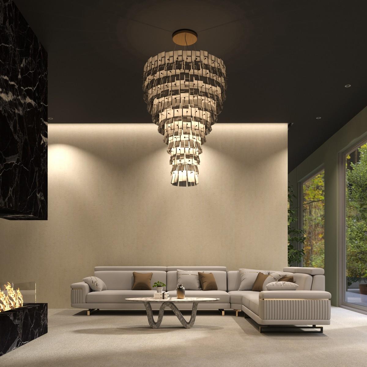 Le lustre en verre de style moderne Chimera est notre hommage au design des années 1960 et à ses motifs créatifs typiques. Cette œuvre d'éclairage est composée d'éléments modulaires : des listels de verre dans les tons de gris, réalisés à la main en