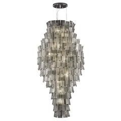 Big Suspension Lamp grey Murano glass listels, chrome fixture by Multiforme