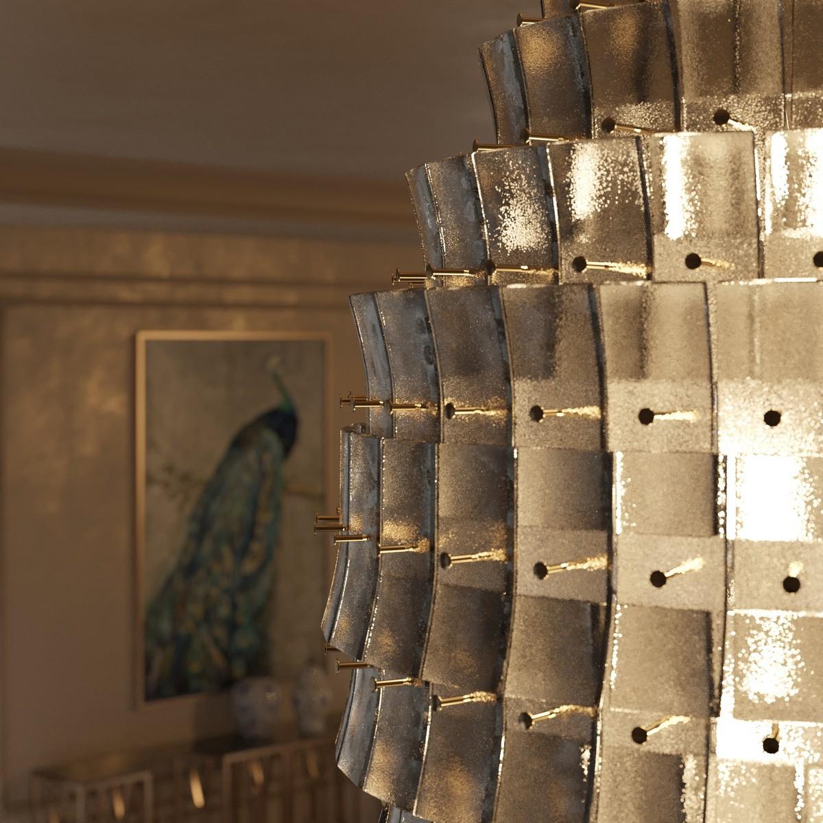 Lámpara de suspensión grande Listeles de cristal de Murano gris, aplique dorado by Multiforme Italiano en venta