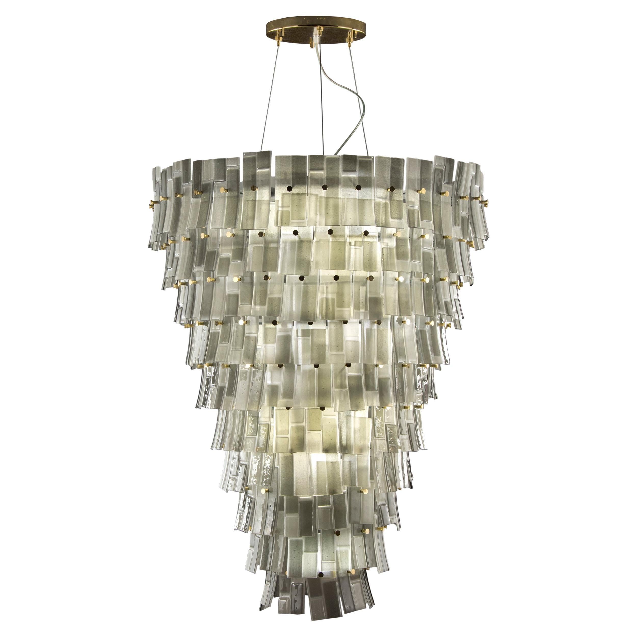 Big Suspension Lamp Grey Murano Glass Listels, Gold Fixture by Multiforme For Sale