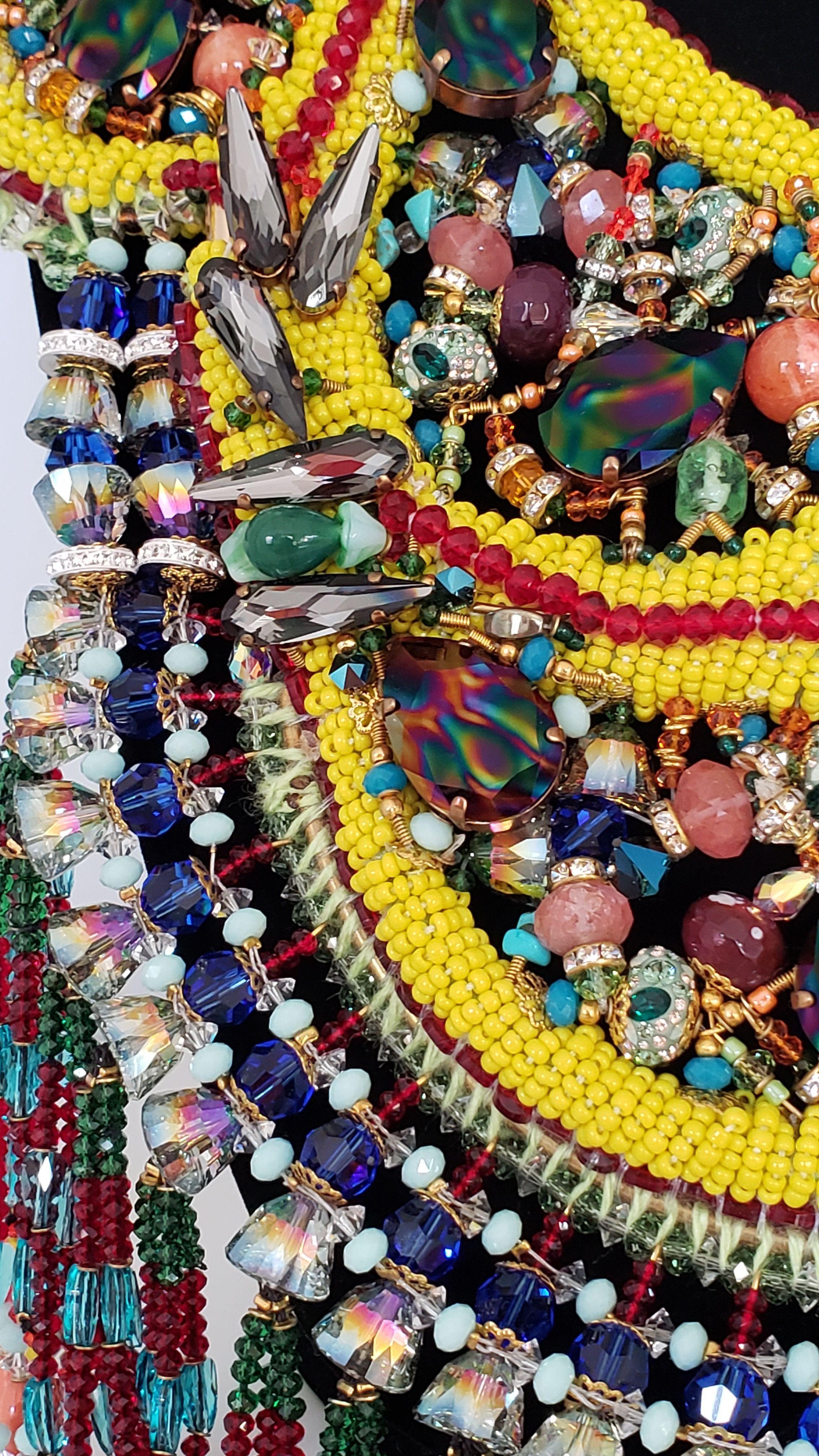 Big Swarovski Crystal and Multi-Beaded Embellished Paisley Tassel Bib Necklace For Sale 1