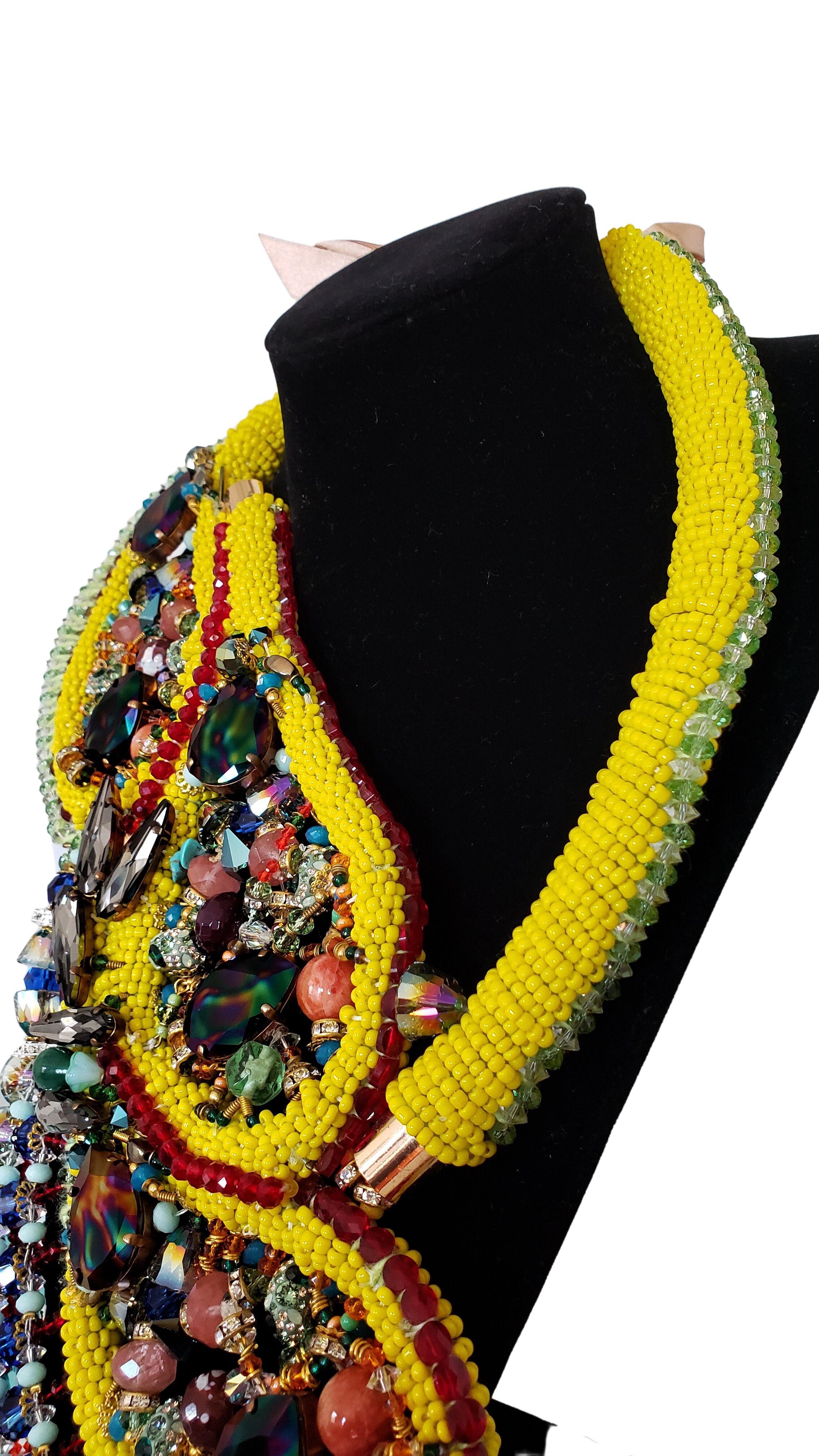 Artist Big Swarovski Crystal and Multi-Beaded Embellished Paisley Tassel Bib Necklace For Sale
