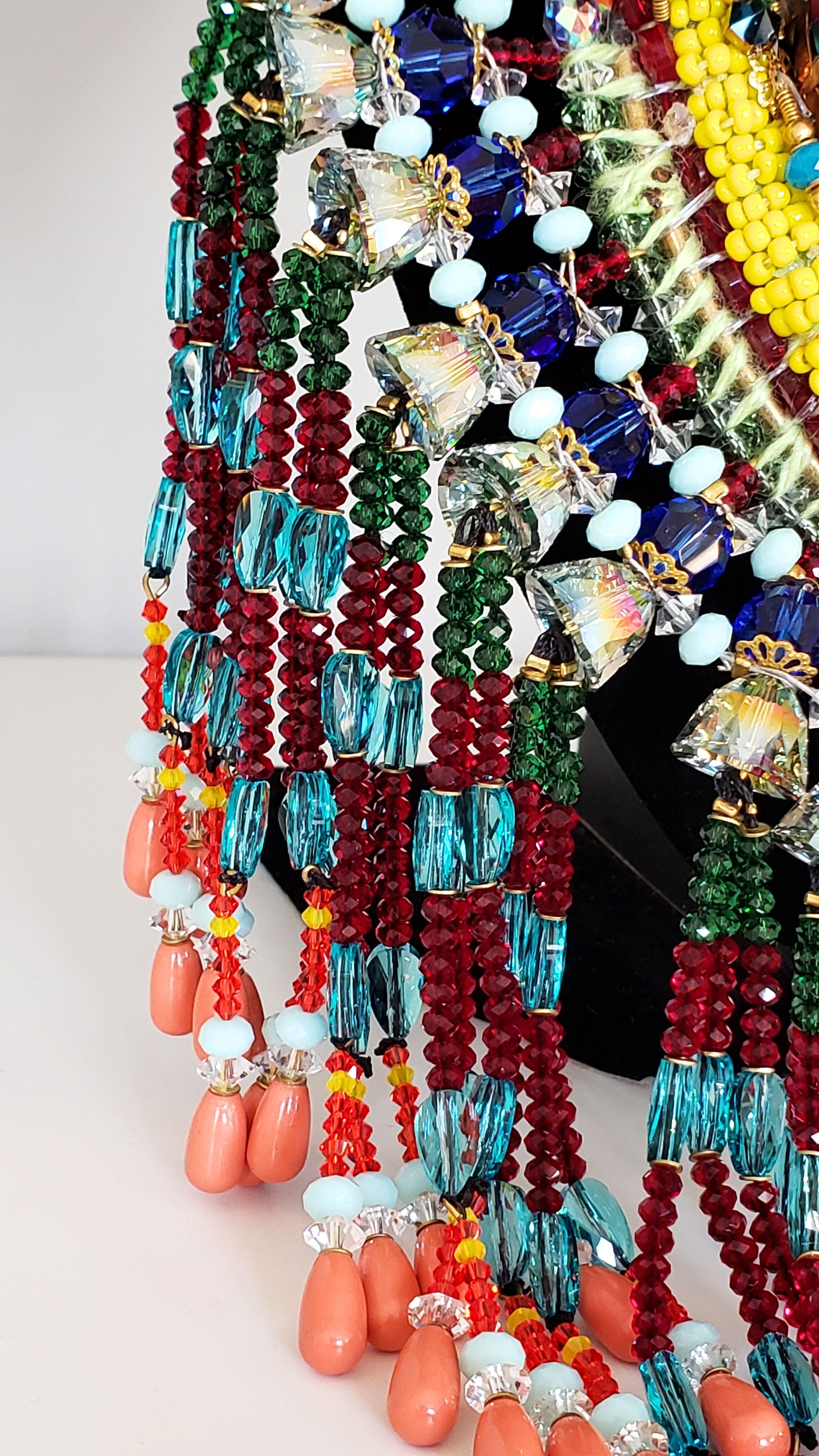 Women's Big Swarovski Crystal and Multi-Beaded Embellished Paisley Tassel Bib Necklace For Sale