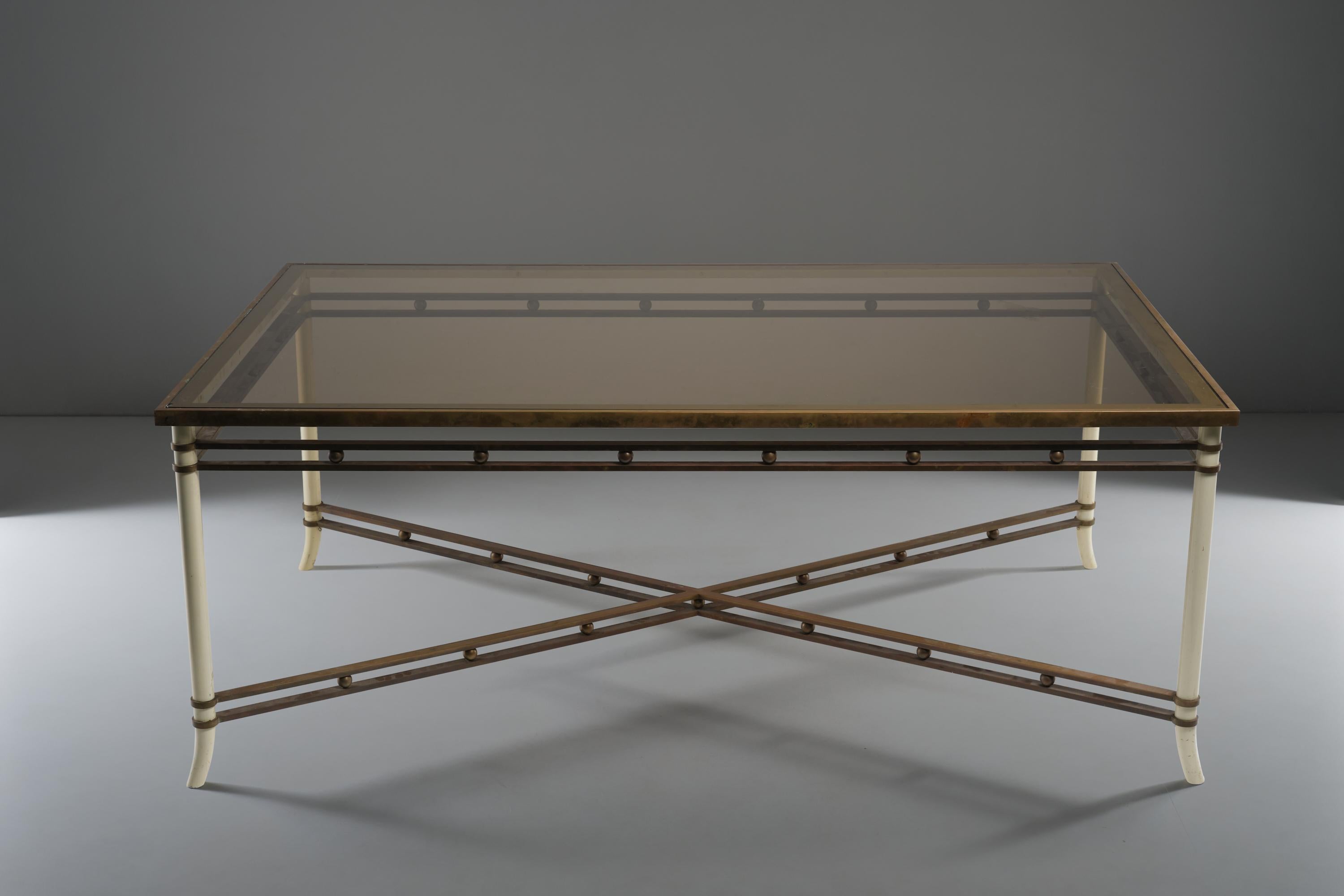 Mid-Century Modern Big Table in Lacquered Wood Brass and Glass Top, Attributed to Romeo Rega, 1970s For Sale