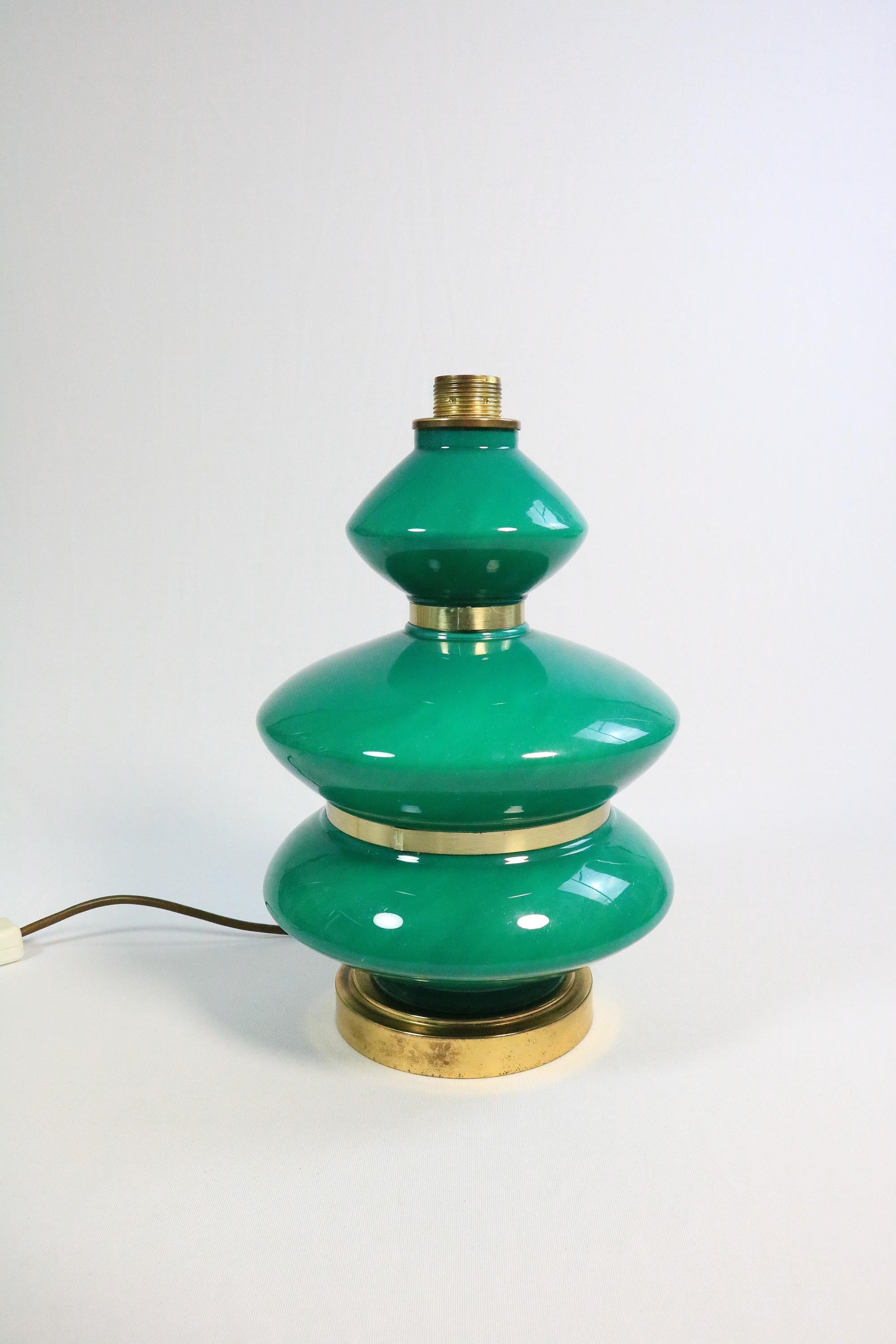 Ceramic Big Table Lamp, Green Illuminated Glass Base, 1970s For Sale