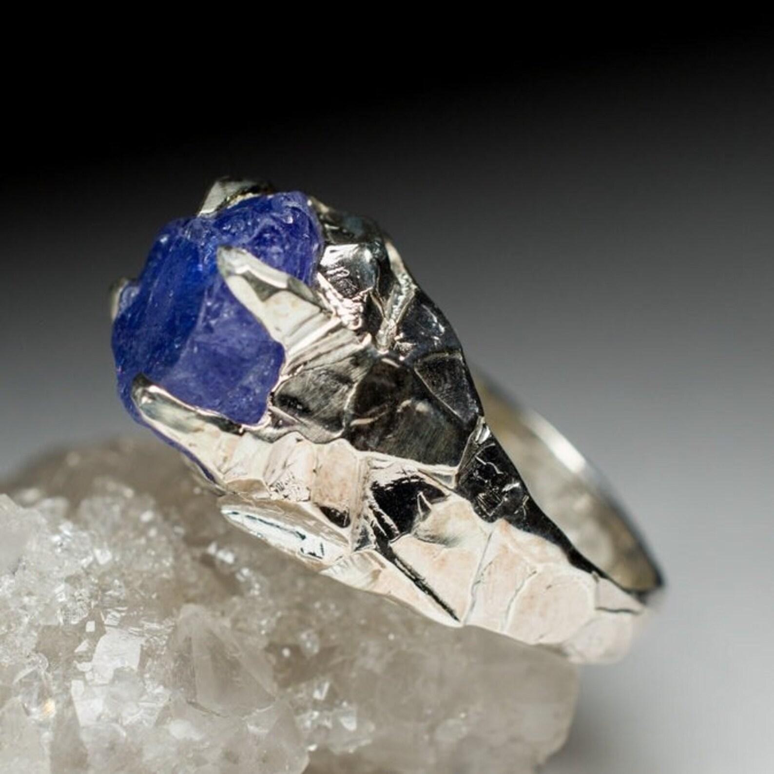 Uncut Big Tanzanite Silver Bold Ring Cobalt Blue Raw Crystal Natural Gemstone For Sale
