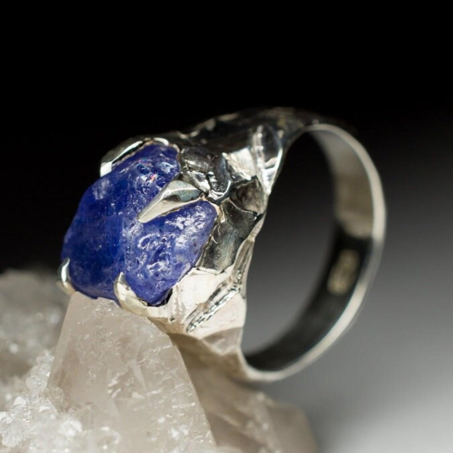 Women's or Men's Big Tanzanite Silver Bold Ring Cobalt Blue Raw Crystal Natural Gemstone For Sale