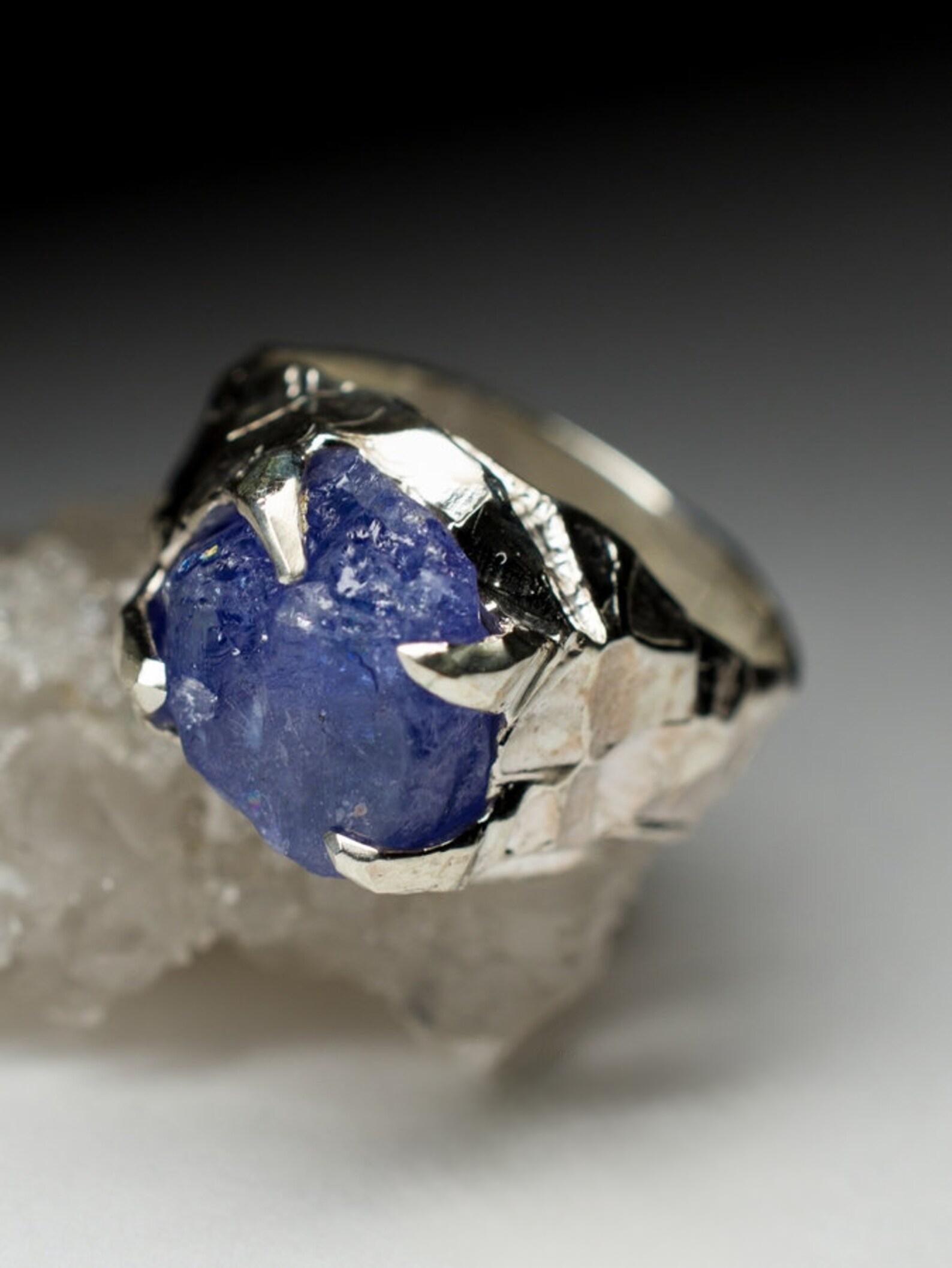 Big Tanzanite Silver Bold Ring Cobalt Blue Raw Crystal Natural Gemstone For Sale 1