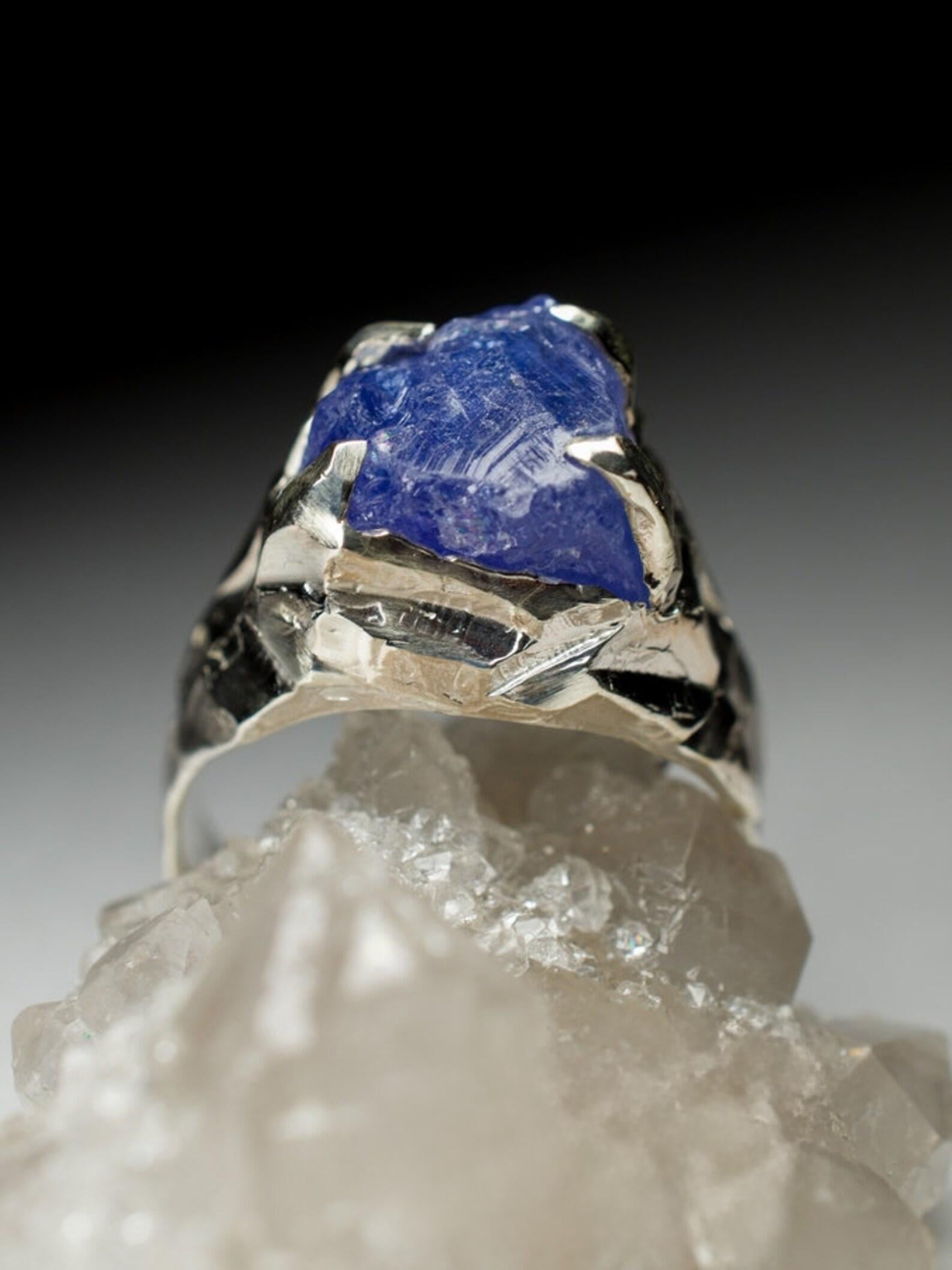 Big Tanzanite Silver Bold Ring Cobalt Blue Raw Crystal Natural Gemstone For Sale 2