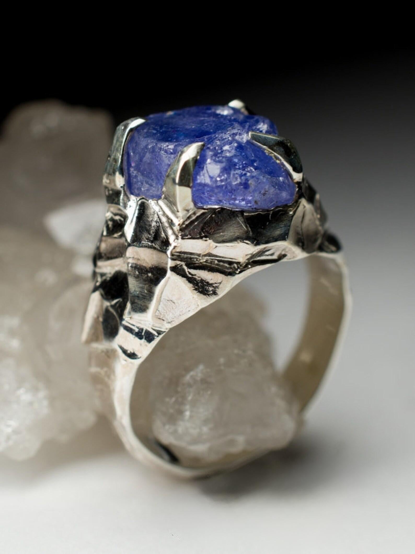 Big Tanzanite Silver Bold Ring Cobalt Blue Raw Crystal Natural Gemstone For Sale 3