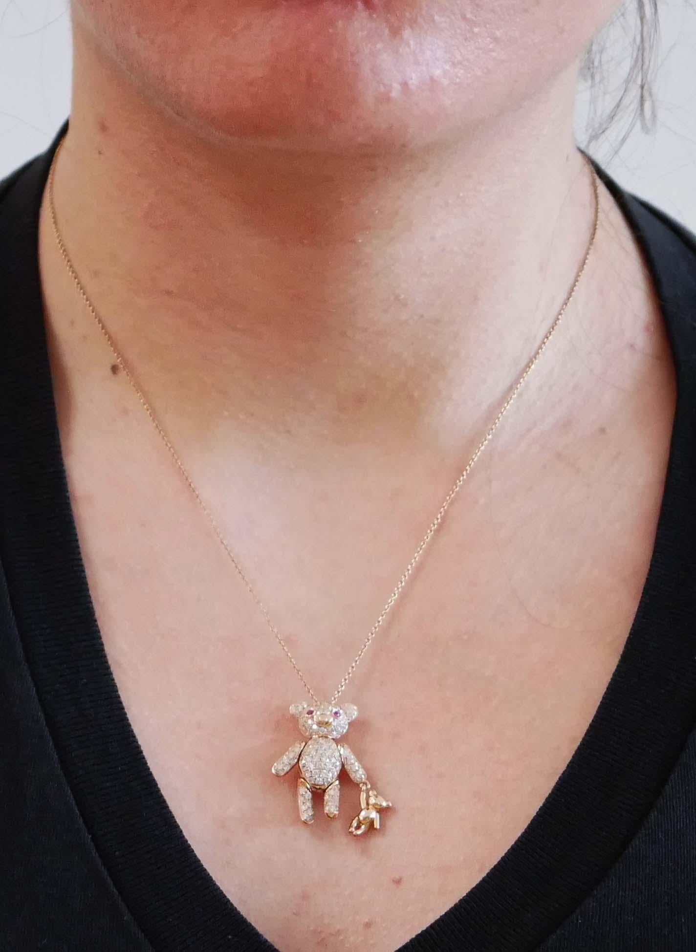 Women's Big Teddy Rubies, Diamonds, 18 Karat Rose Gold Pendant Necklace For Sale