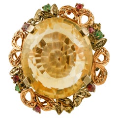 Big Topaz, Diamonds, Emeralds, Rubies, 9 Karat Rose Gold and Silver Retro Ring
