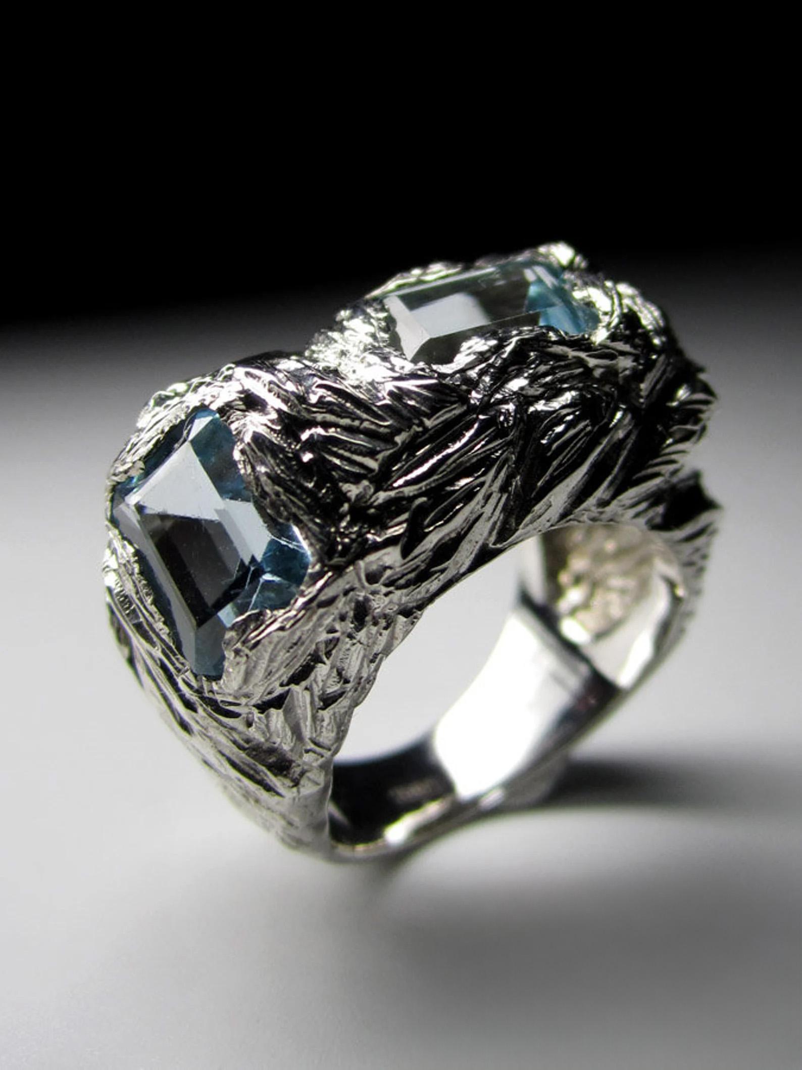 Emerald Cut Big Topaz Silver Ring Natural Blue Statement Gemstone Bold Fine Jewelry  For Sale