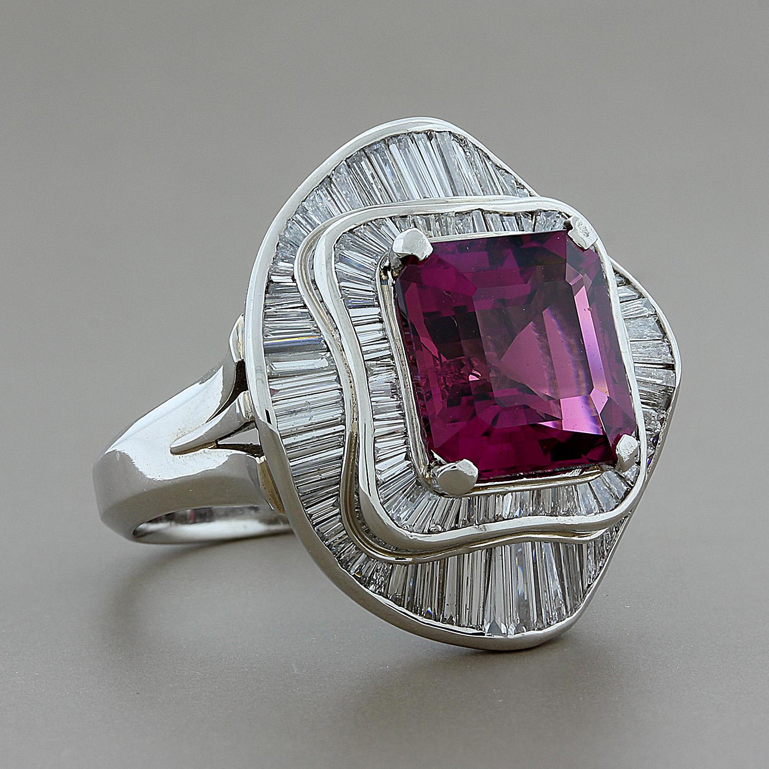 A unisex ring featuring an 8.14 carat tourmaline accented by 2.33 carats of VS quality diamonds. Set in platinum, a bold ring for someone looking for a big look. 

Size 11 (sizable) 
