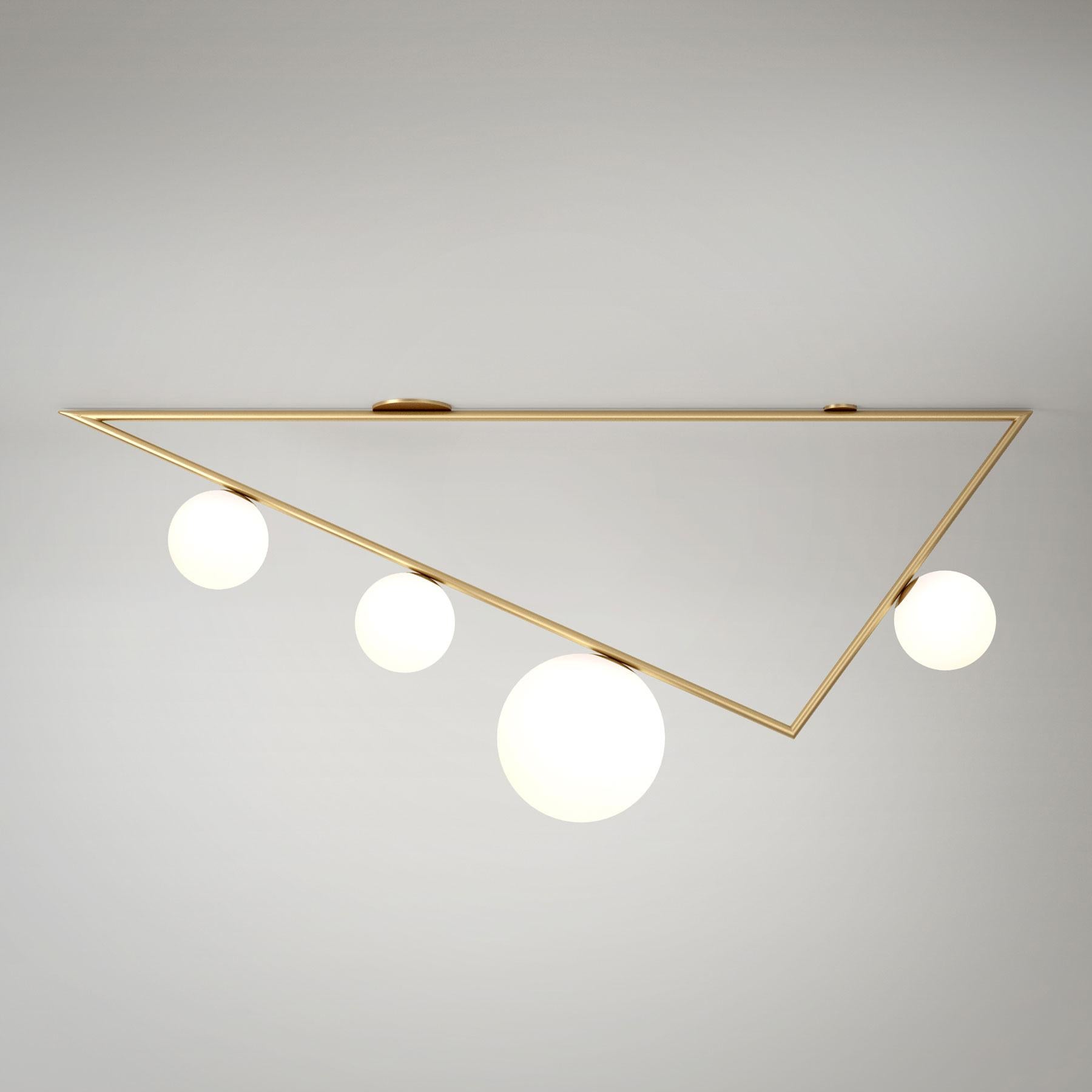 Big Triangle Ceiling Light II by Atelier Areti
Dimensions: D 20 x W 150 x H 50.5 cm.
Materials: Brushed brass, white glass.

Available in black, white, or brass versions.

All our lamps can be wired according to each country. If sold to the USA it