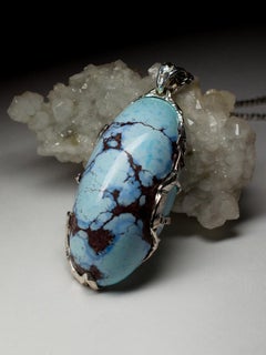 Big Turquoise Silver Pendant Mint Blue Pattern Oval