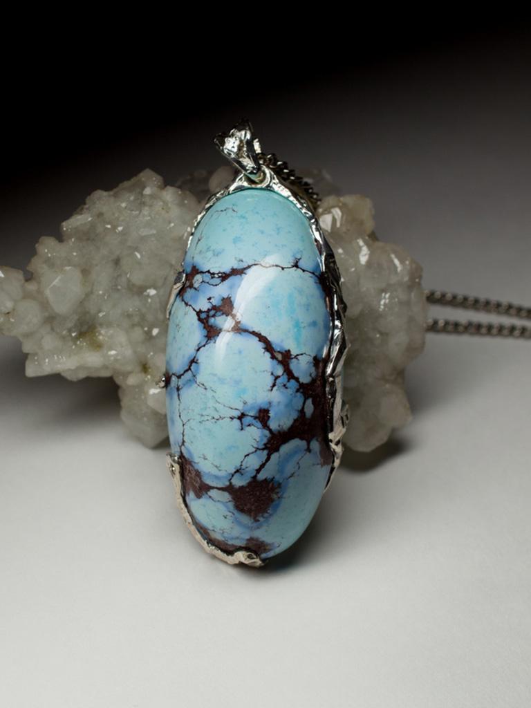 Artisan Big Turquoise Silver Pendant Mint Blue Pattern Oval For Sale